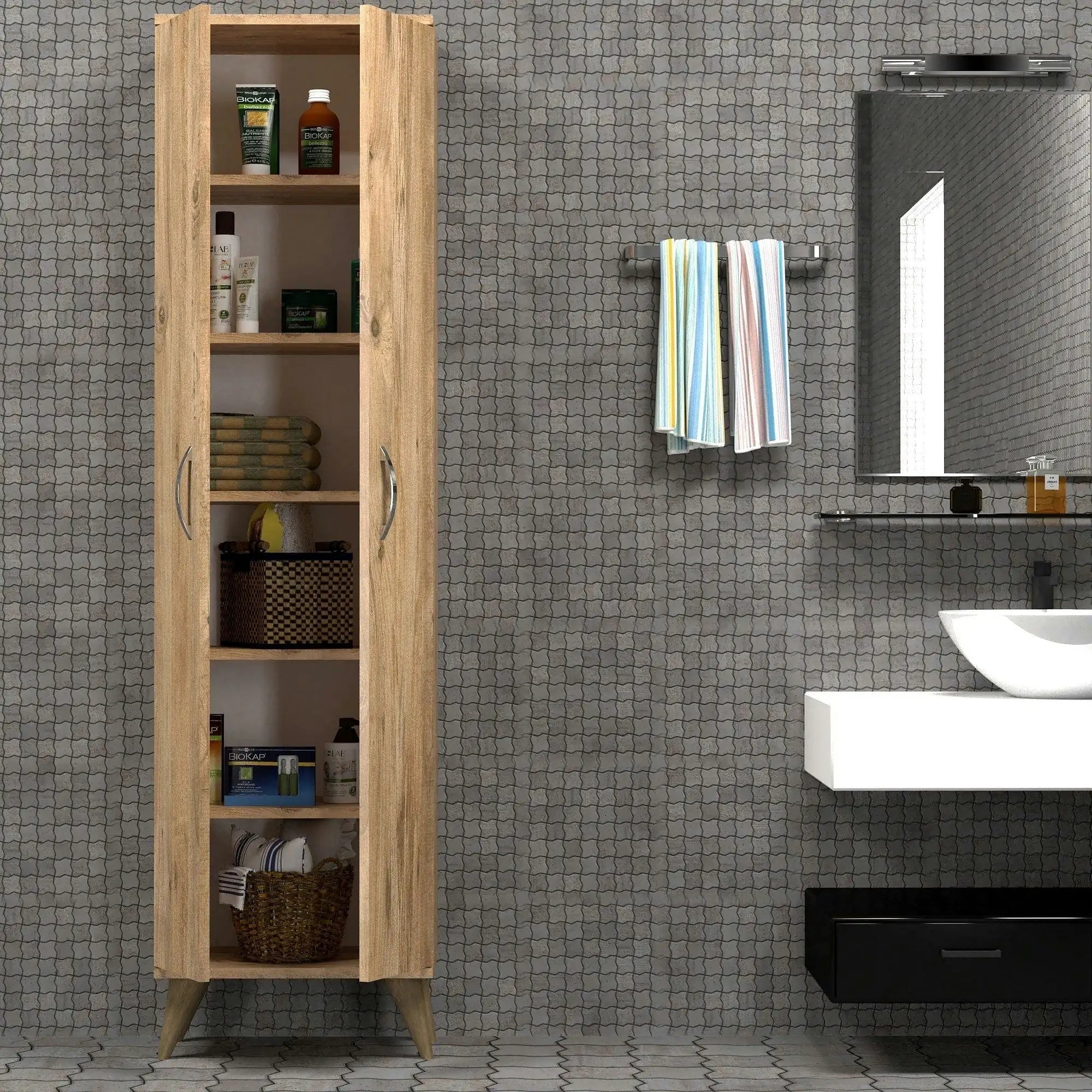 Dulap baie BDL0102, stejar, PAL melaminat, cu 2 usi, 49x32x185 cm