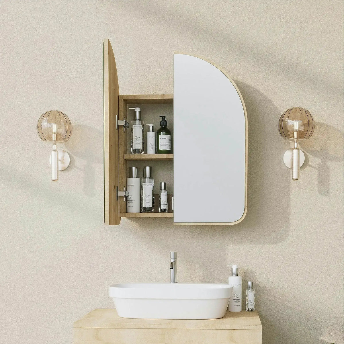 Dulap baie HOPE CABINET, stejar inchis, PAL/sticla, cu 2 usi, 50x12x45 cm