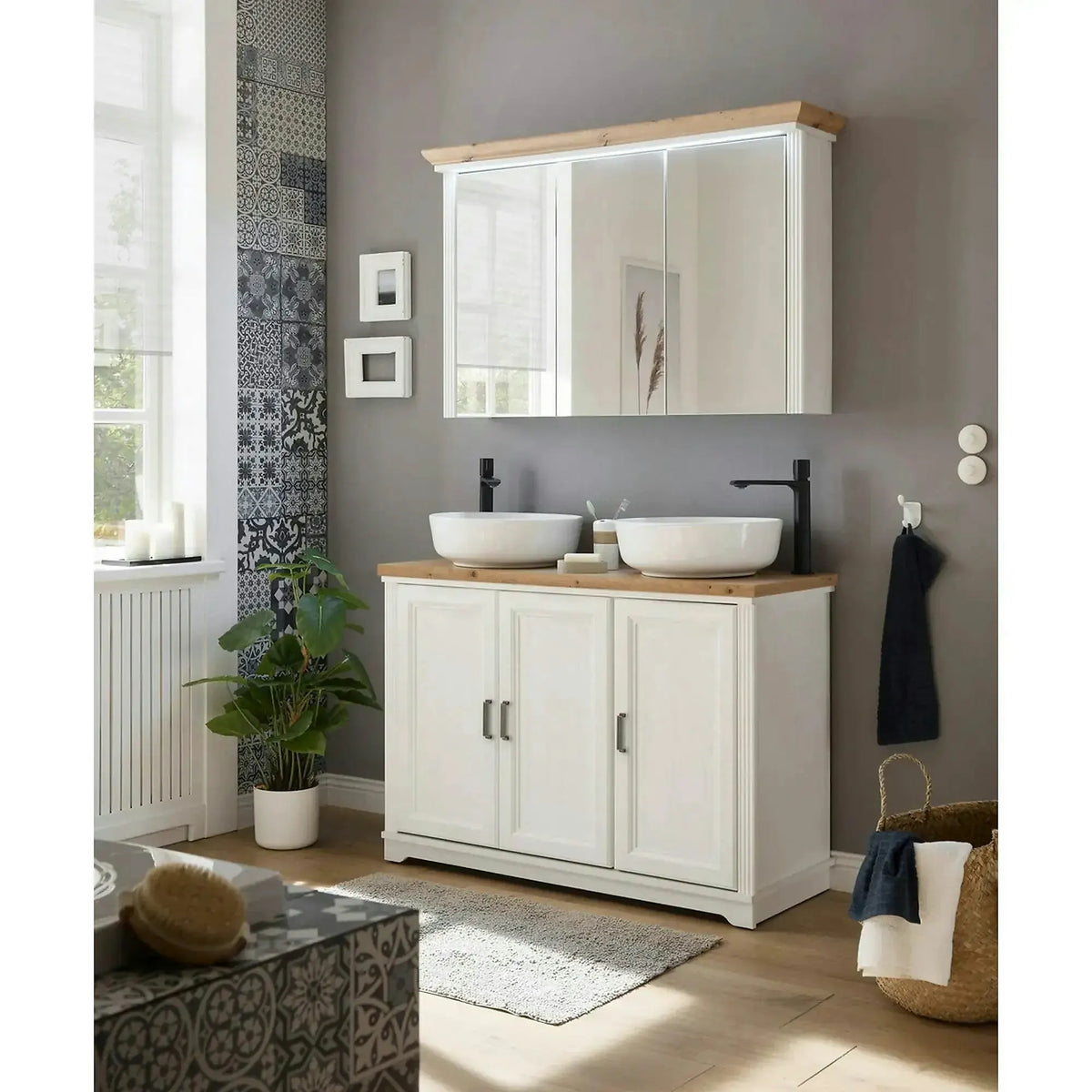 Dulap baie JASMIN, alb/stejar artisan, 116x47x74 cm