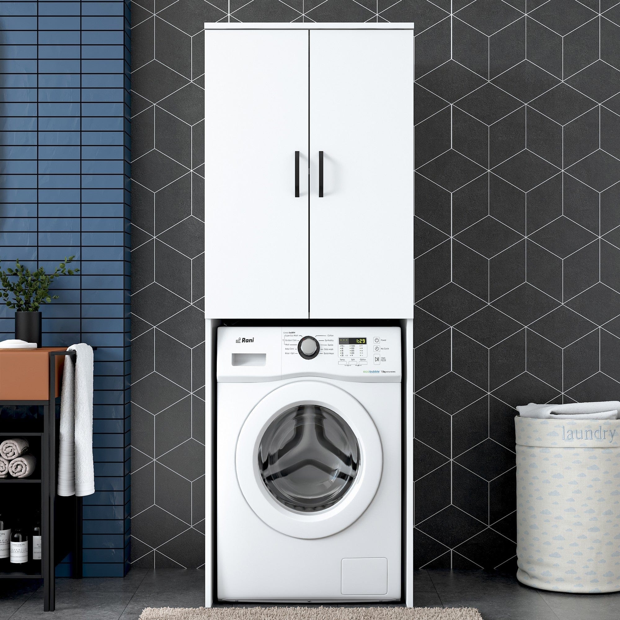 Dulap baie KD110 3192, alb, PAL melaminat, pentru masina de spalat, cu 2 usi, 65x63x182 cm