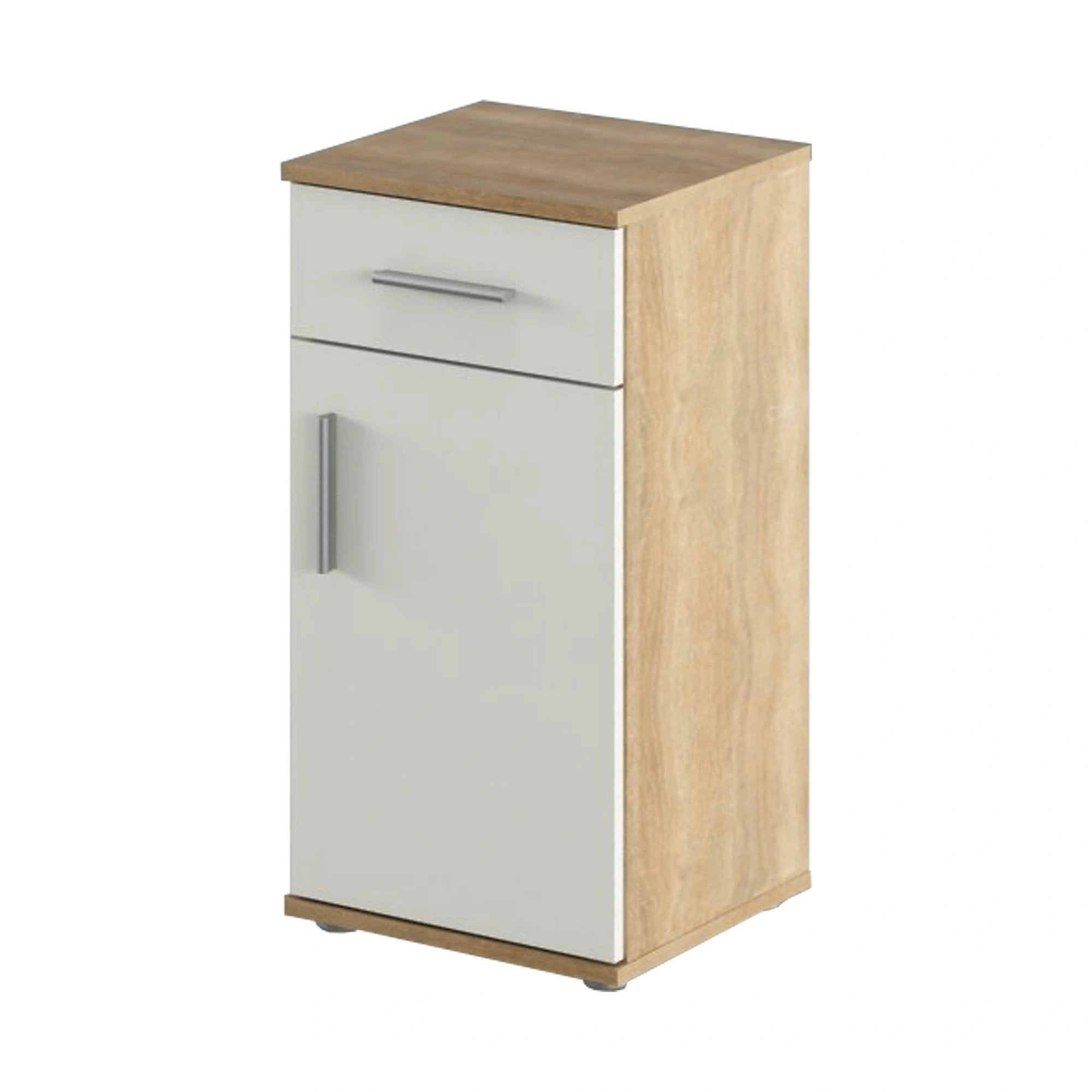 Dulap baie LESSY NEW 03, stejar sonoma/alb, DTD laminat, cu o usa si un sertar, 38x35x75 cm