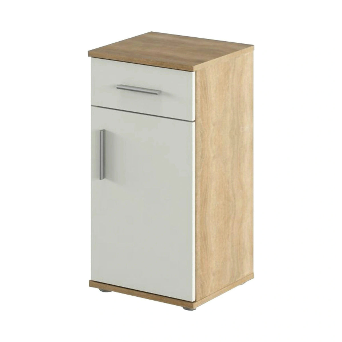 Dulap baie LESSY NEW 03, stejar sonoma/alb, DTD laminat, cu o usa si un sertar, 38x35x75 cm