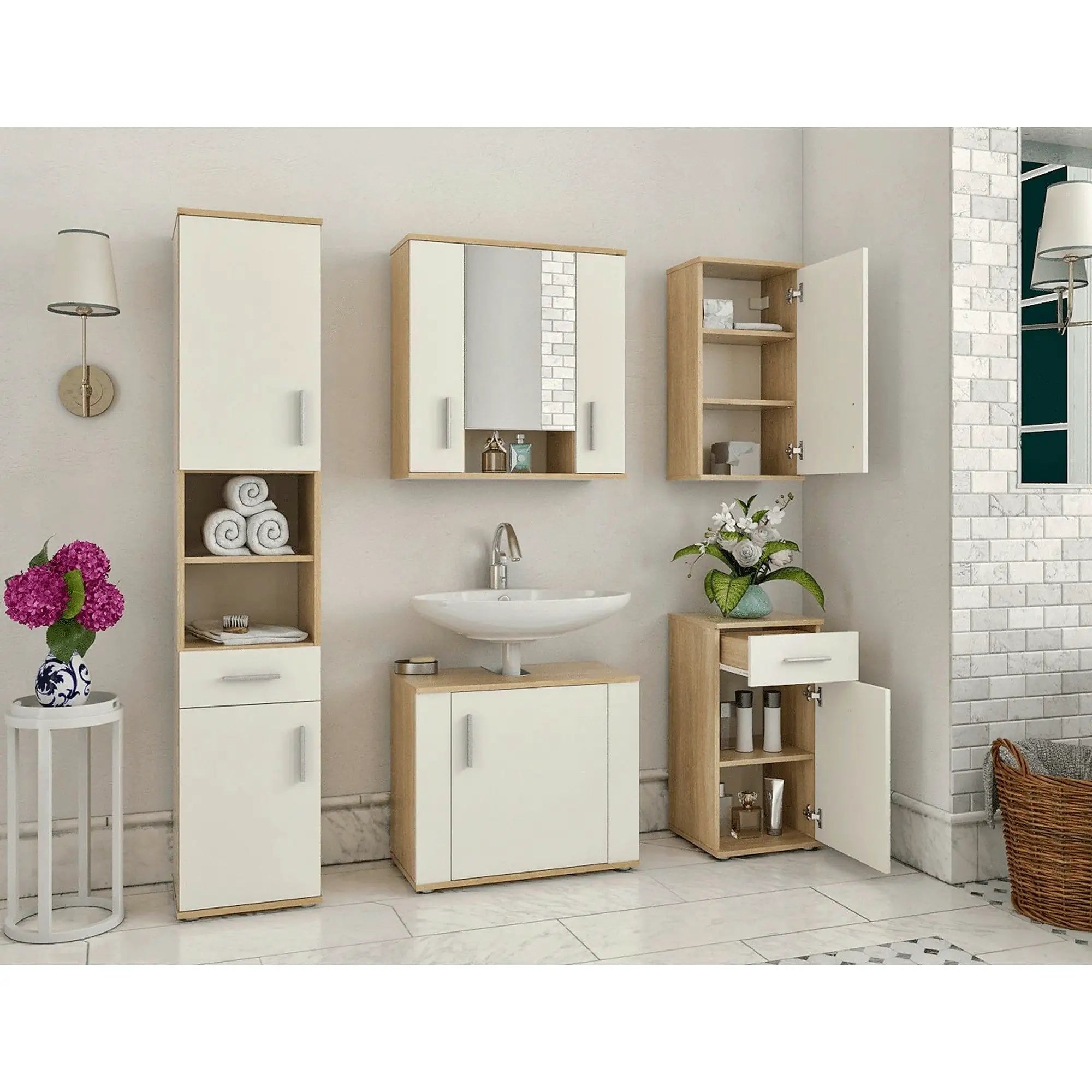 Dulap baie LESSY NEW 03, stejar sonoma/alb, DTD laminat, cu o usa si un sertar, 38x35x75 cm