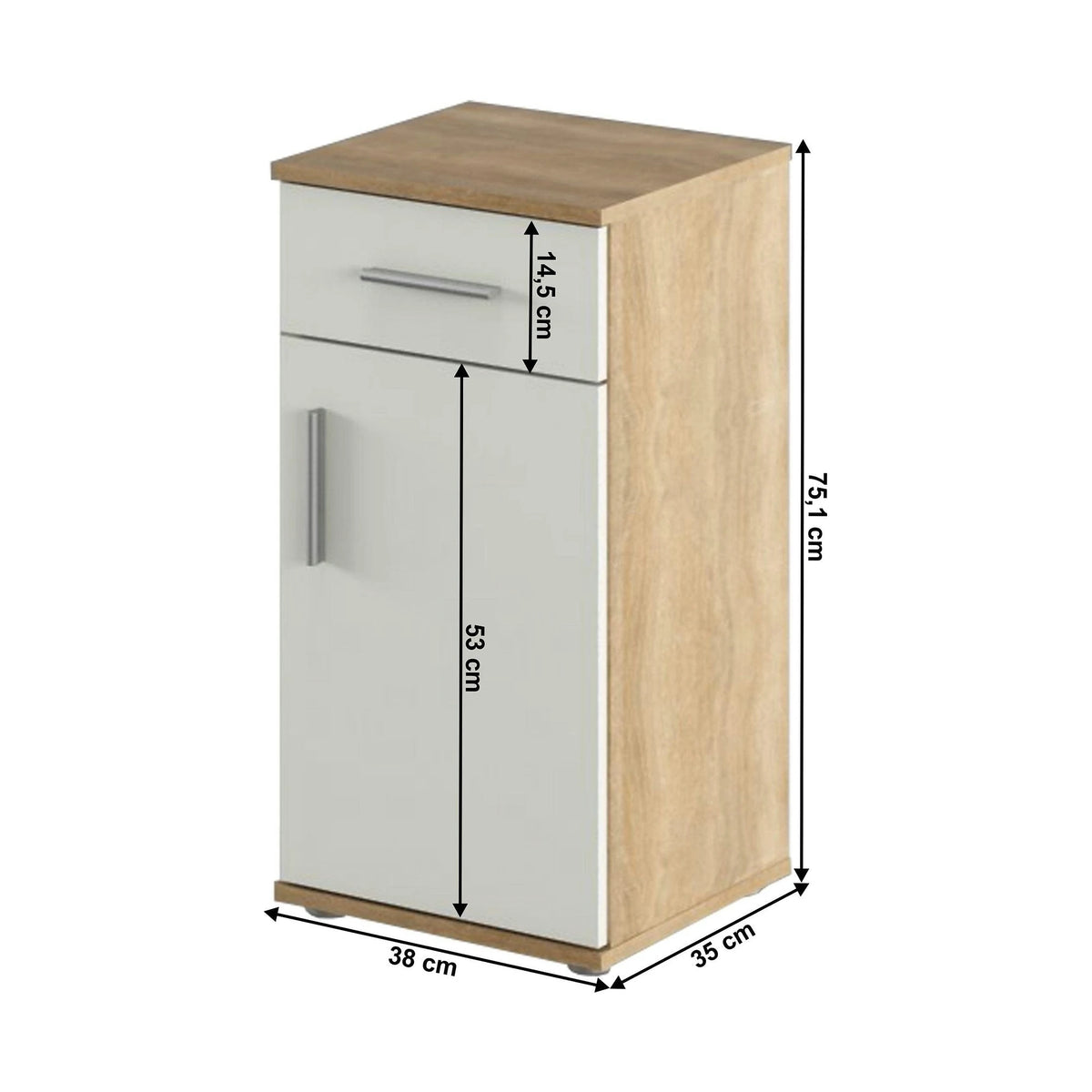 Dulap baie LESSY NEW 03, stejar sonoma/alb, DTD laminat, cu o usa si un sertar, 38x35x75 cm