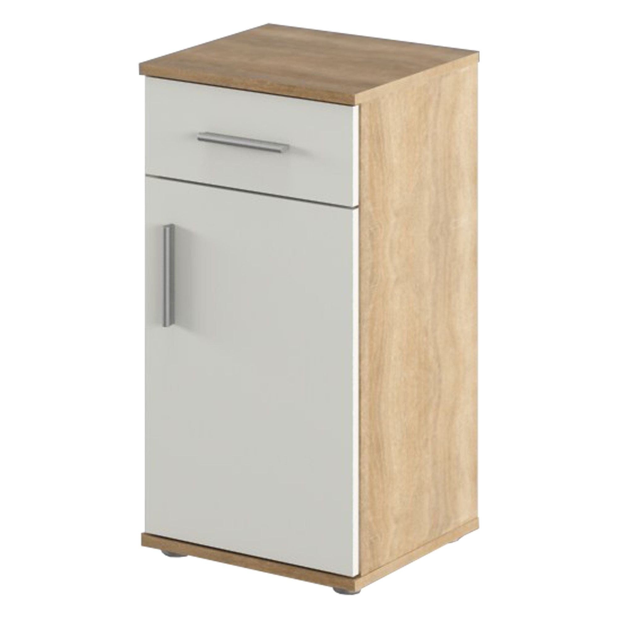 Dulap baie LESSY NEW 03, stejar sonoma/alb, DTD laminat, cu o usa si un sertar, 38x35x75 cm