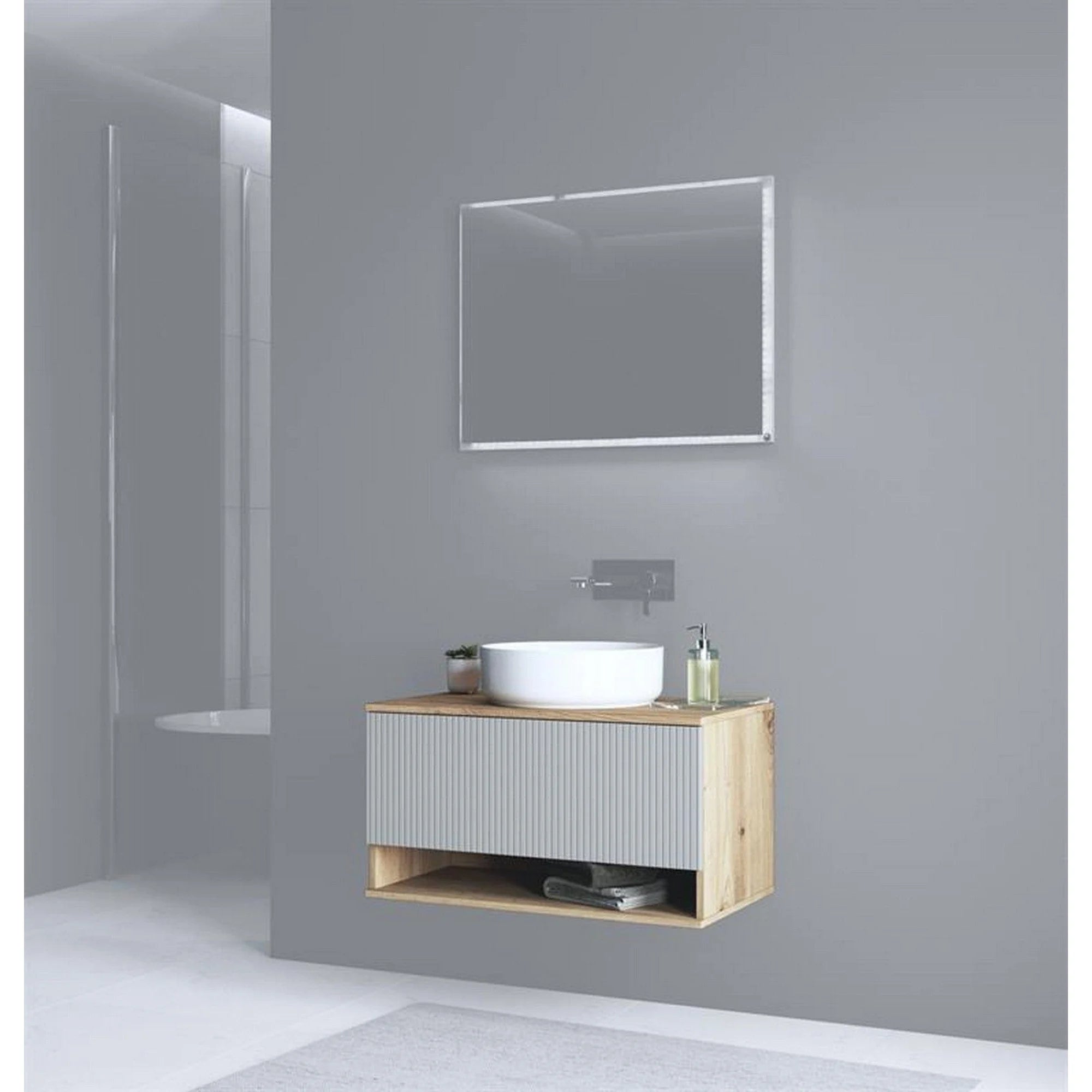 Dulap baie suspendat AVIOLA, casmir/stejar artisan, PAL laminat, cu un sertar, pentru lavoar, 80x45x43 cm