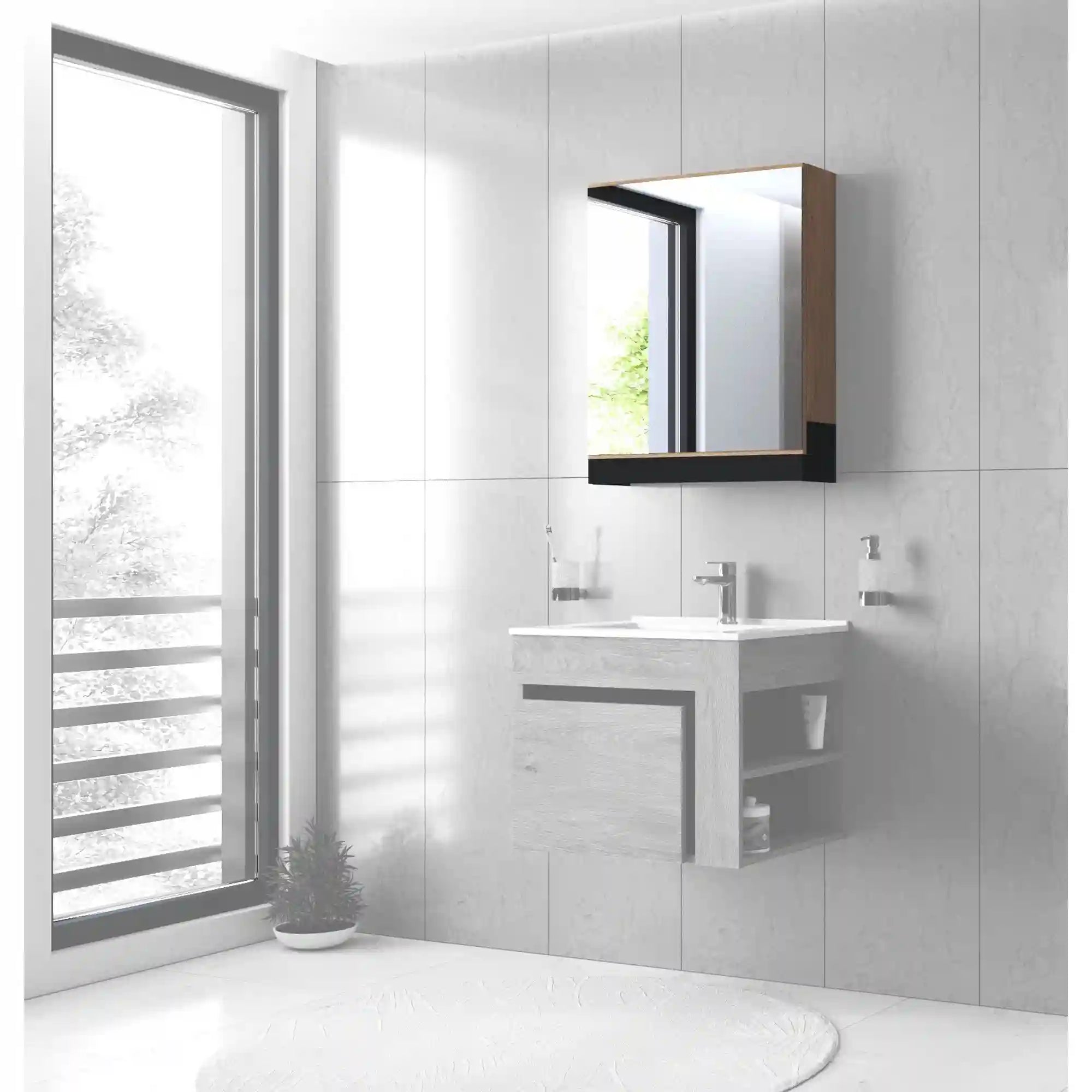 Dulap baie suspendat DUESA, stejar auriu/negru, PAL laminat, cu o usa si oglinda, 60x15x72 cm