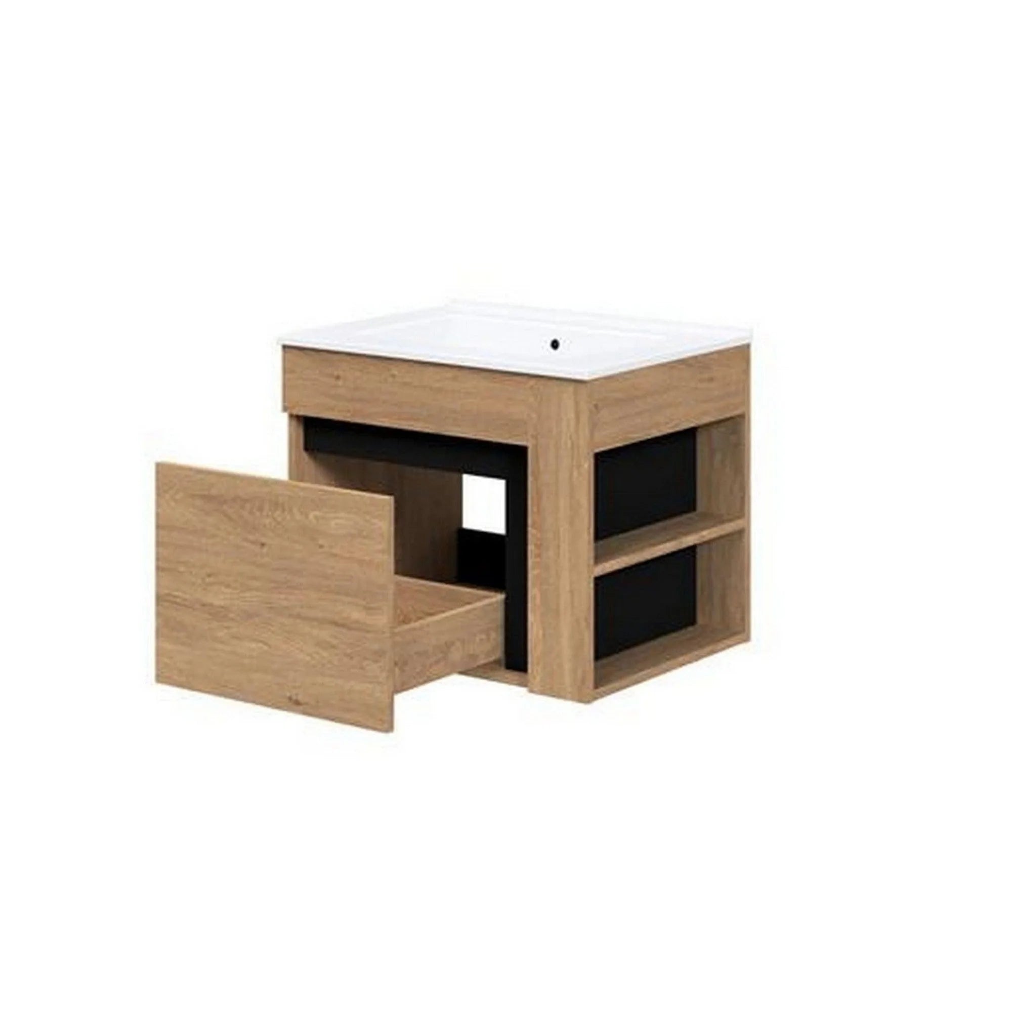 Dulap baie suspendat DUESA, stejar auriu/negru, PAL laminat, cu un sertar, pentru lavoar, 60x45x47 cm