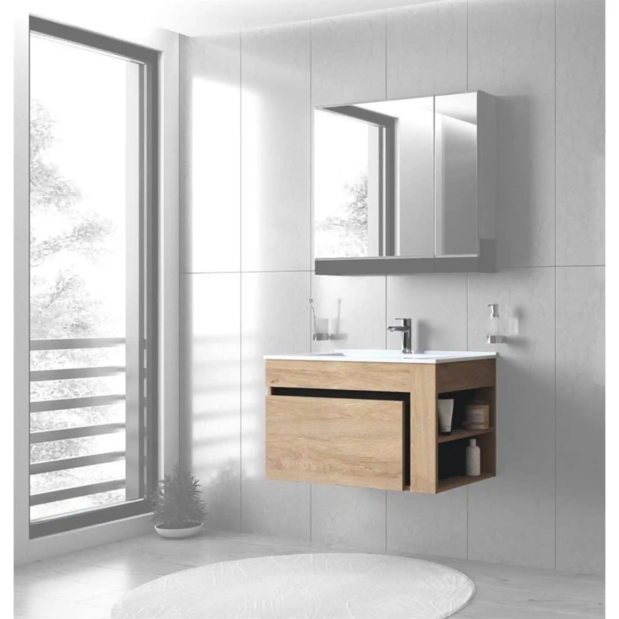 Dulap baie suspendat DUESA, stejar auriu/negru, PAL laminat, cu un sertar, pentru lavoar, 80x45x47 cm