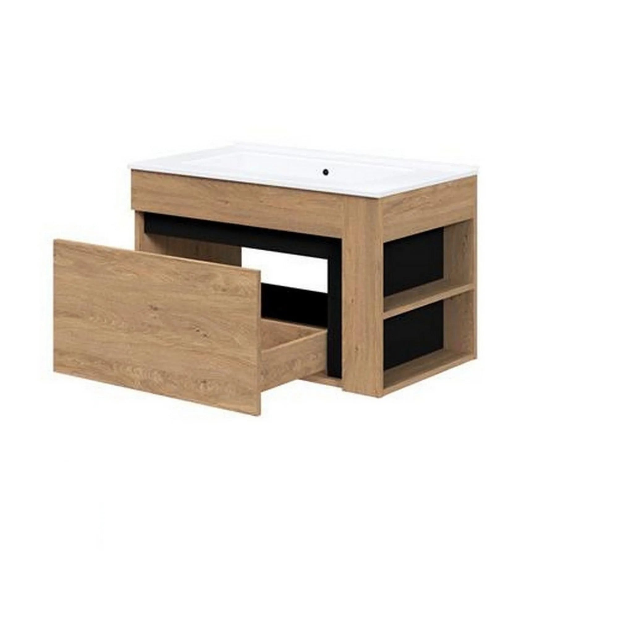 Dulap baie suspendat DUESA, stejar auriu/negru, PAL laminat, cu un sertar, pentru lavoar, 80x45x47 cm