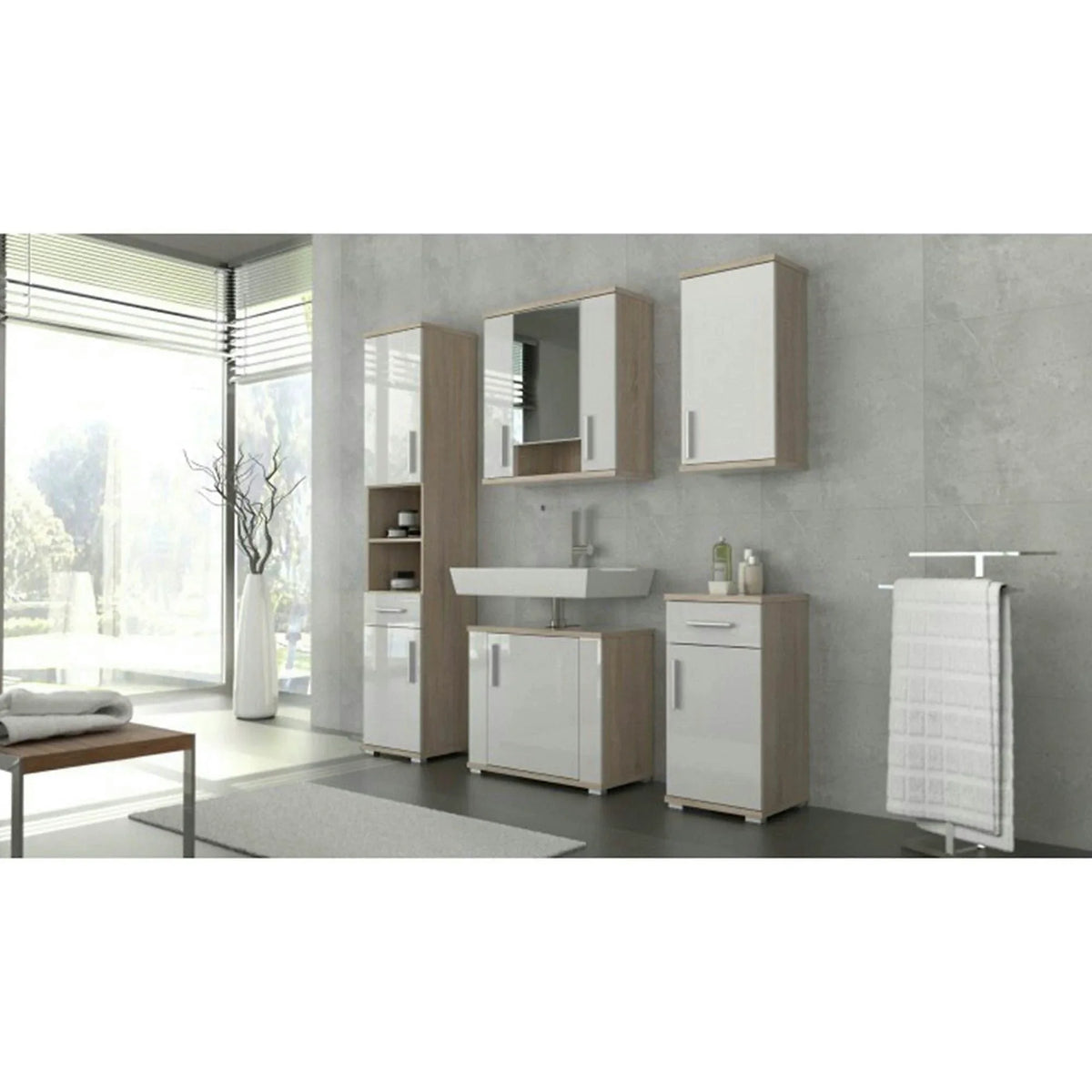 Dulap baie suspendat LESSY NEW 01, stejar sonoma/alb, DTD laminat/sticla, cu 2 usi, 69x26x72 cm
