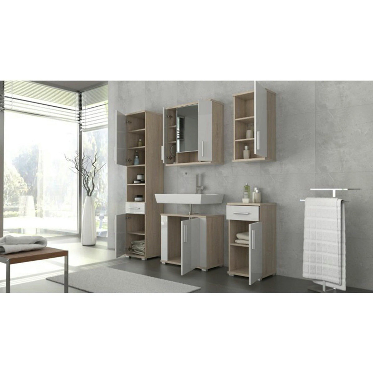 Dulap baie suspendat LESSY NEW 01, stejar sonoma/alb, DTD laminat/sticla, cu 2 usi, 69x26x72 cm