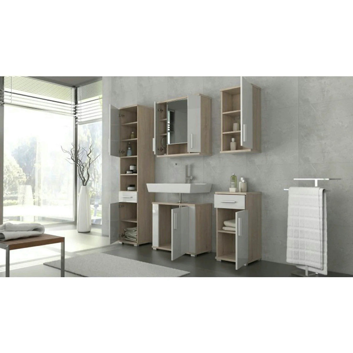 Dulap baie suspendat LESSY NEW 01, stejar sonoma/alb, DTD laminat/sticla, cu 2 usi, 69x26x72 cm