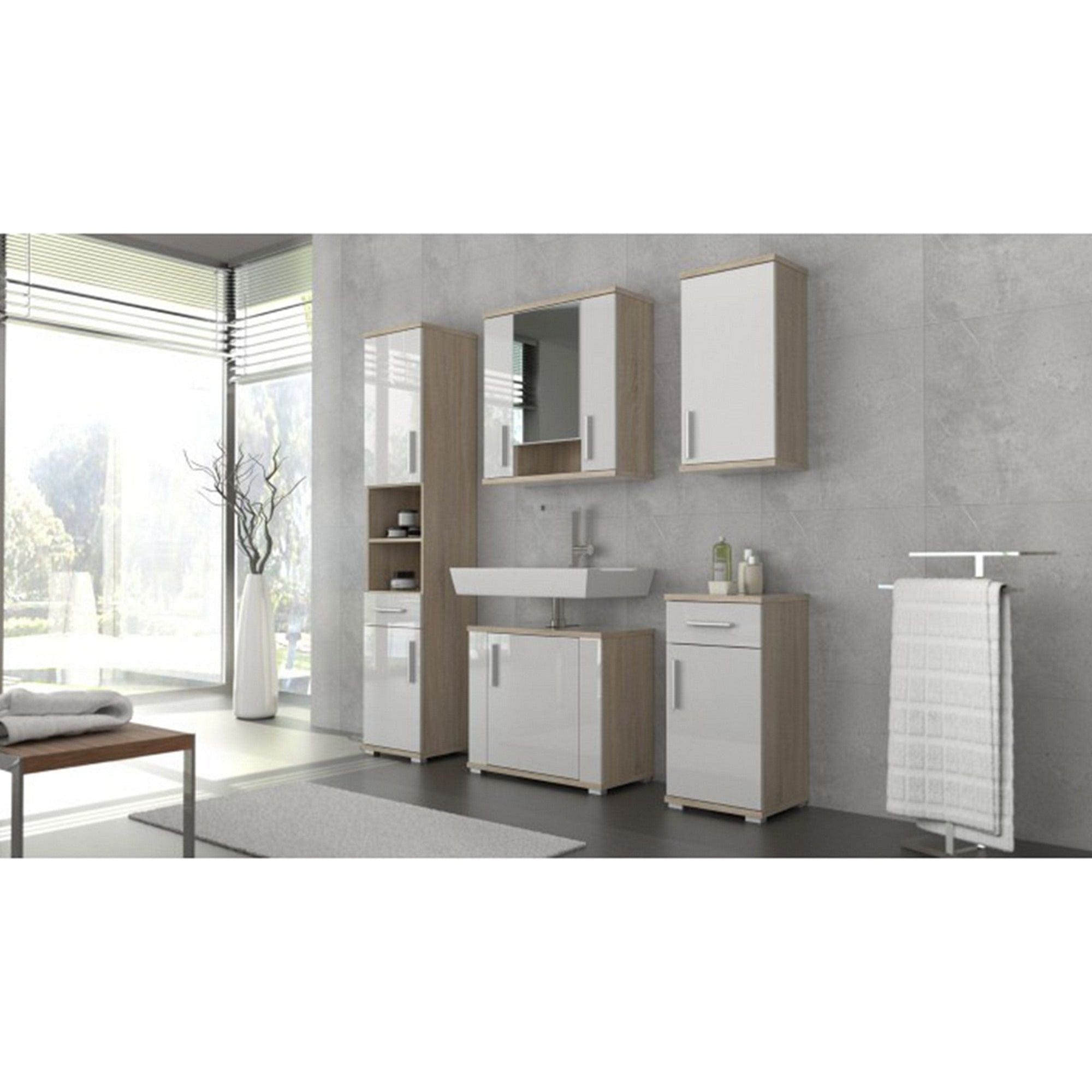 Dulap baie suspendat LESSY NEW 01, stejar sonoma/alb, DTD laminat/sticla, cu 2 usi, 69x26x72 cm