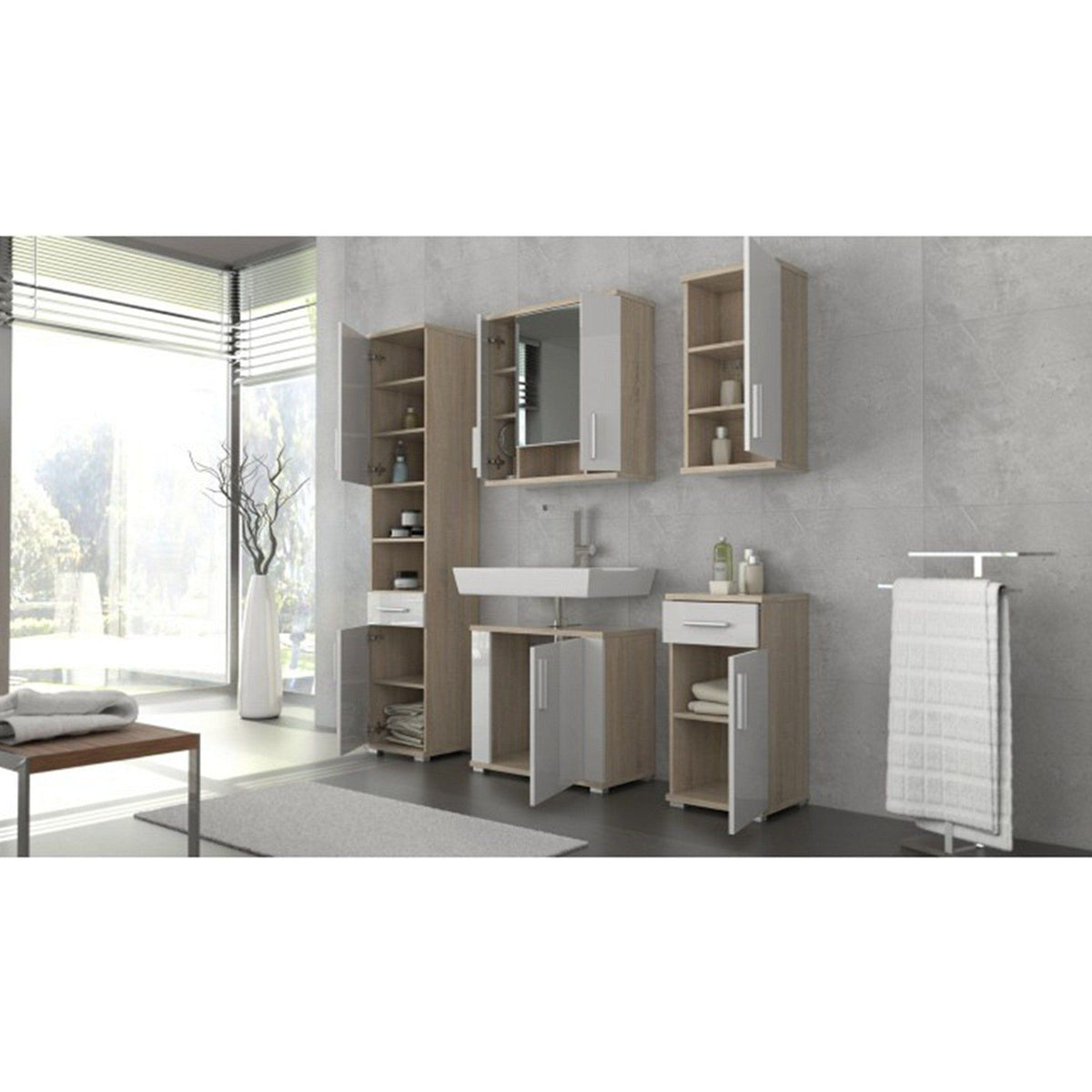 Dulap baie suspendat LESSY NEW 01, stejar sonoma/alb, DTD laminat/sticla, cu 2 usi, 69x26x72 cm