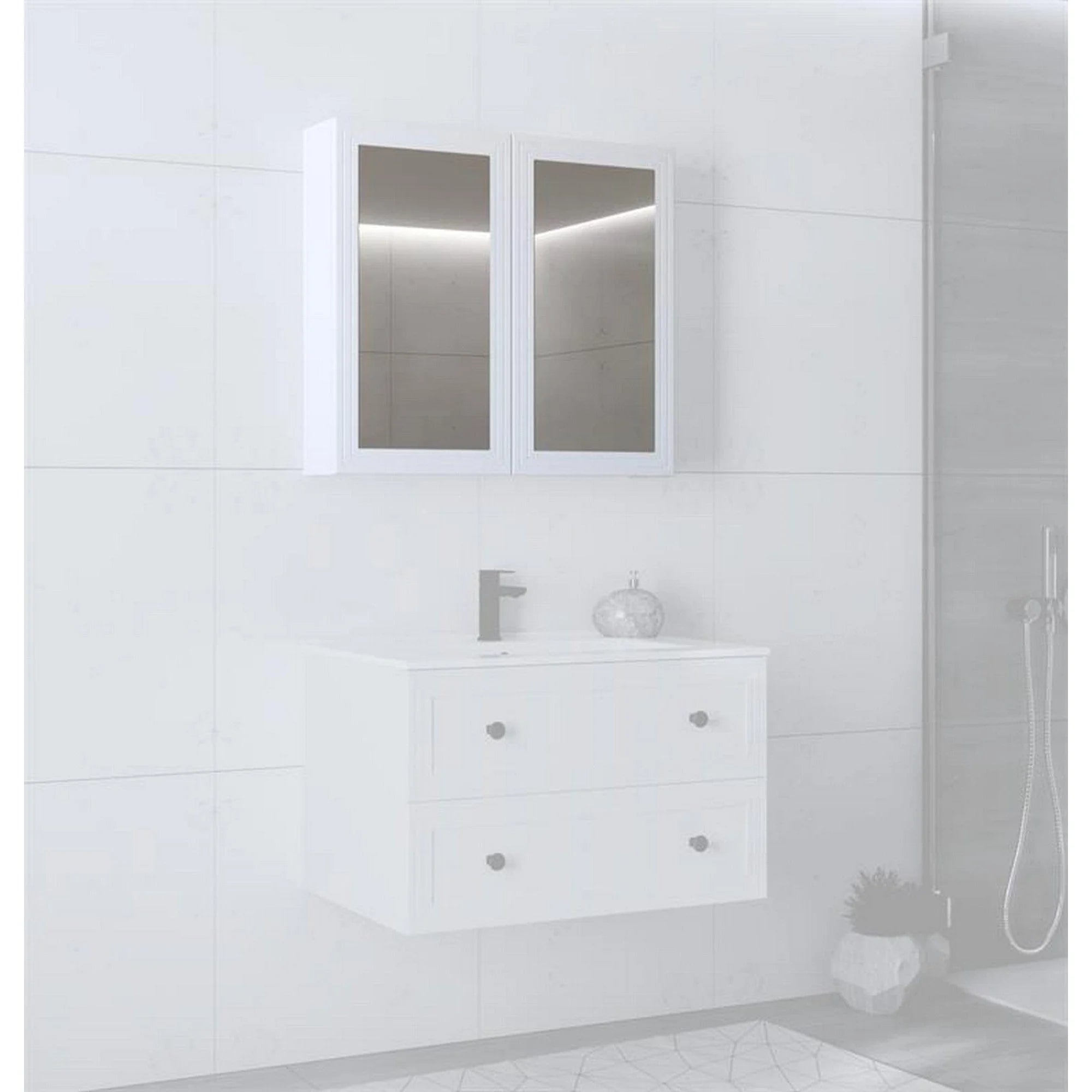 Dulap baie TORETO, alb mat, PAL laminat, cu oglinzi, 80x15x70 cm