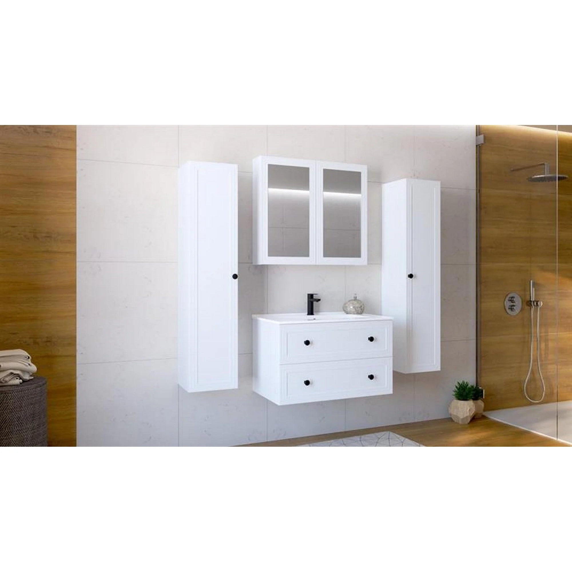 Dulap baie TORETO, alb mat, PAL laminat, cu oglinzi, 80x15x70 cm