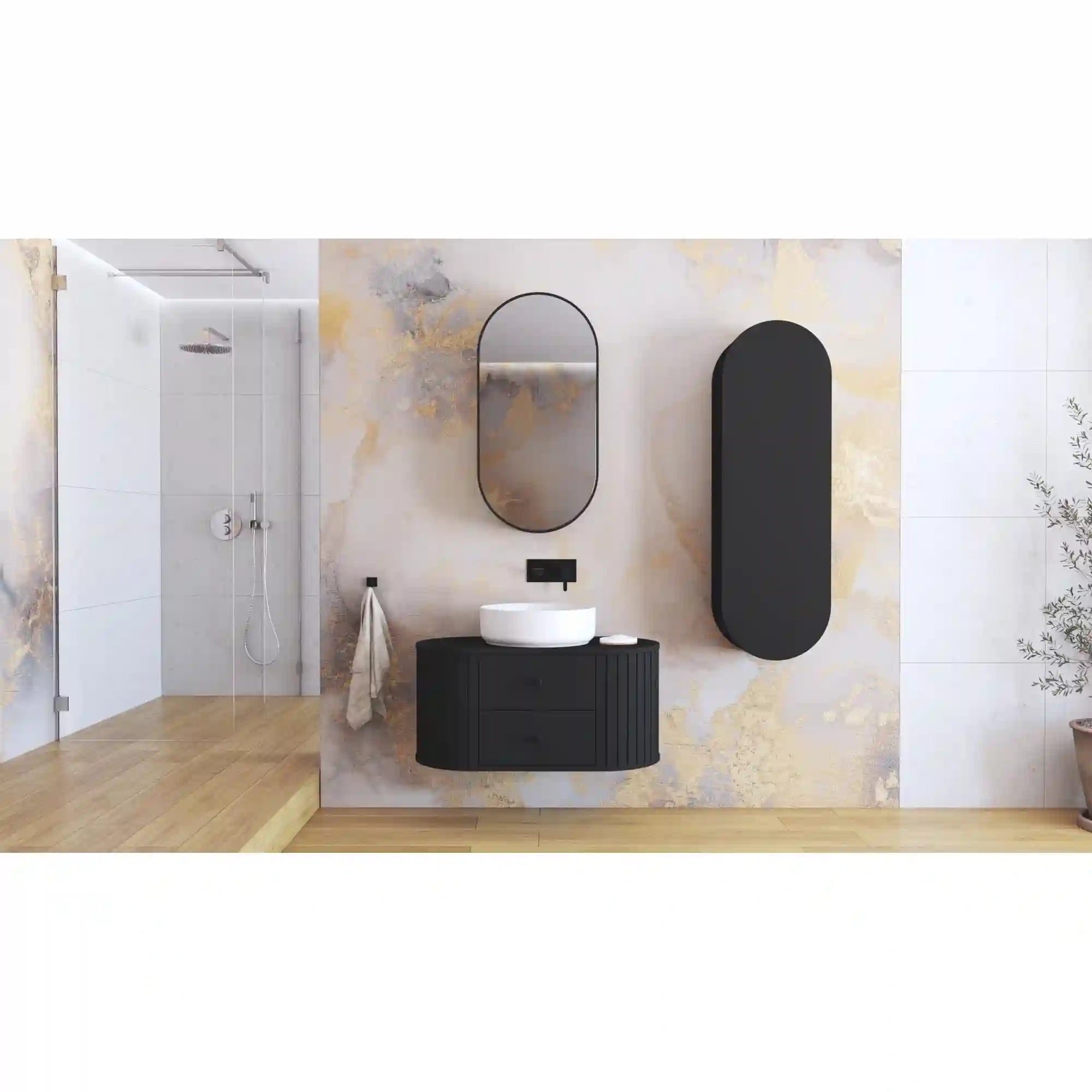 Dulap baie VENEZIA, negru mat, PAL laminat, cu 2 sertare, pentru lavoar, 95x48x45 cm