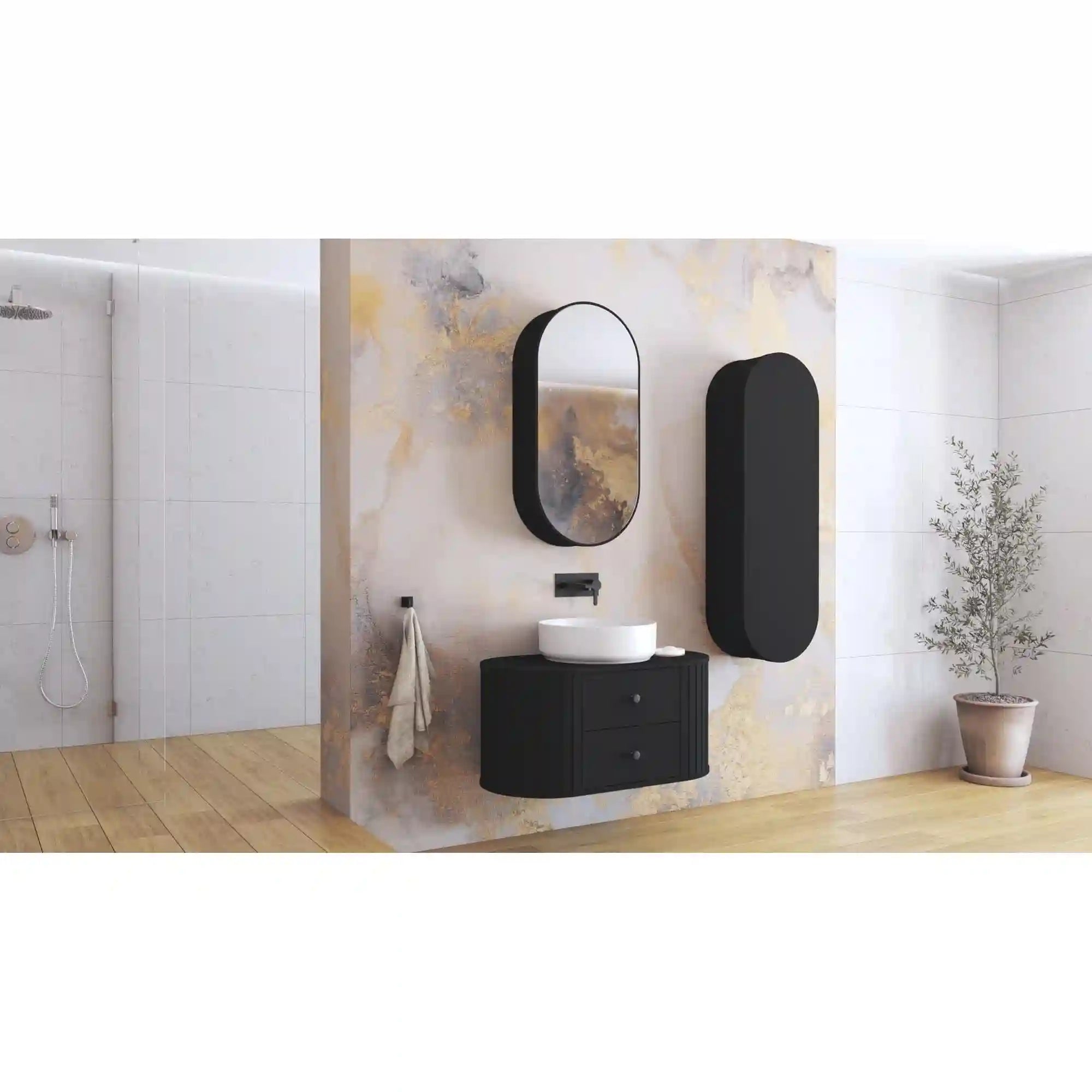 Dulap baie VENEZIA, negru mat, PAL laminat, cu 2 sertare, pentru lavoar, 95x48x45 cm