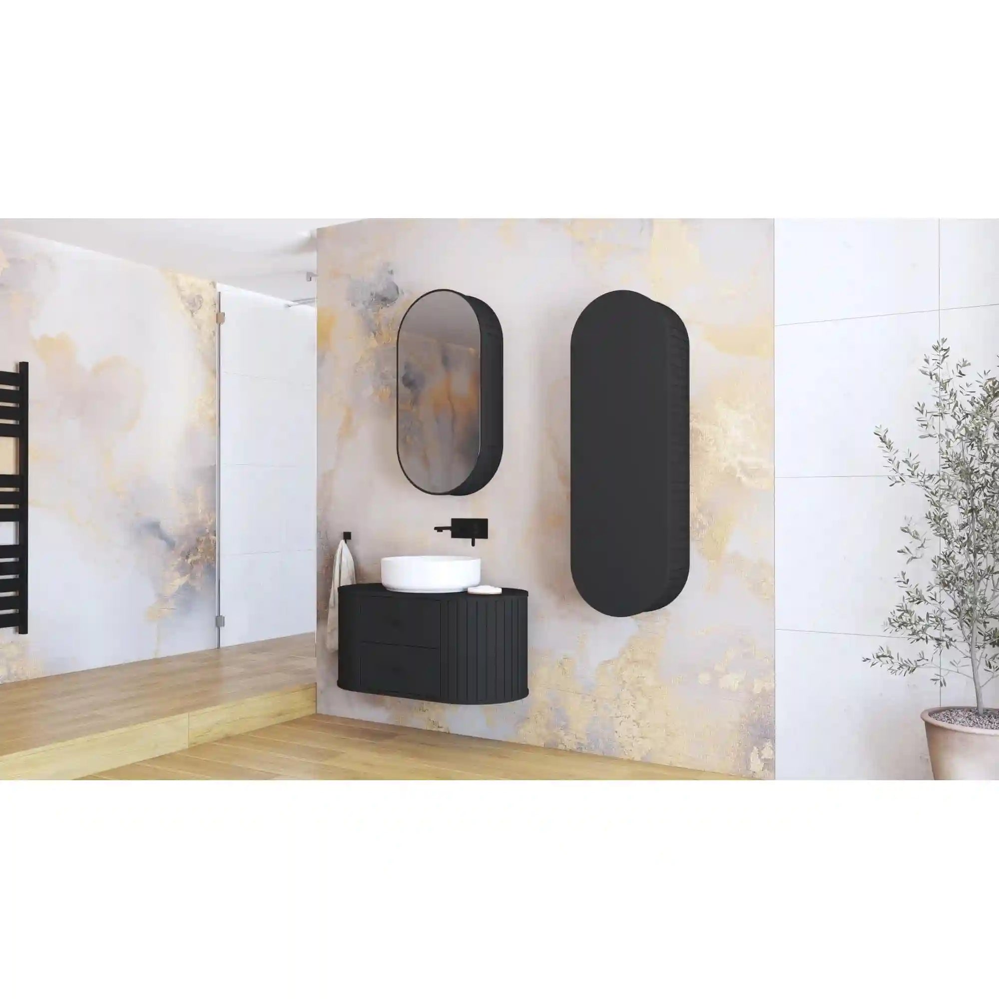 Dulap baie VENEZIA, negru mat, PAL laminat, cu 2 sertare, pentru lavoar, 95x48x45 cm
