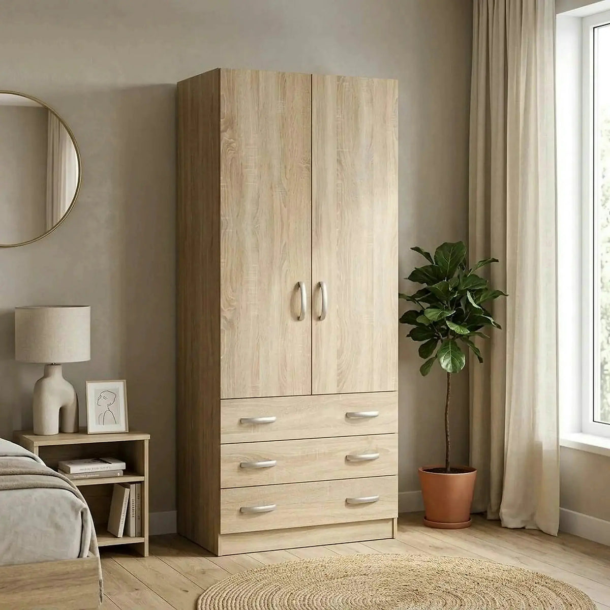 Dulap BETTY 2 BE02-001-00, stejar sonoma, PAL melaminat, cu 2 usi si 3 sertare, 90x57x220 cm