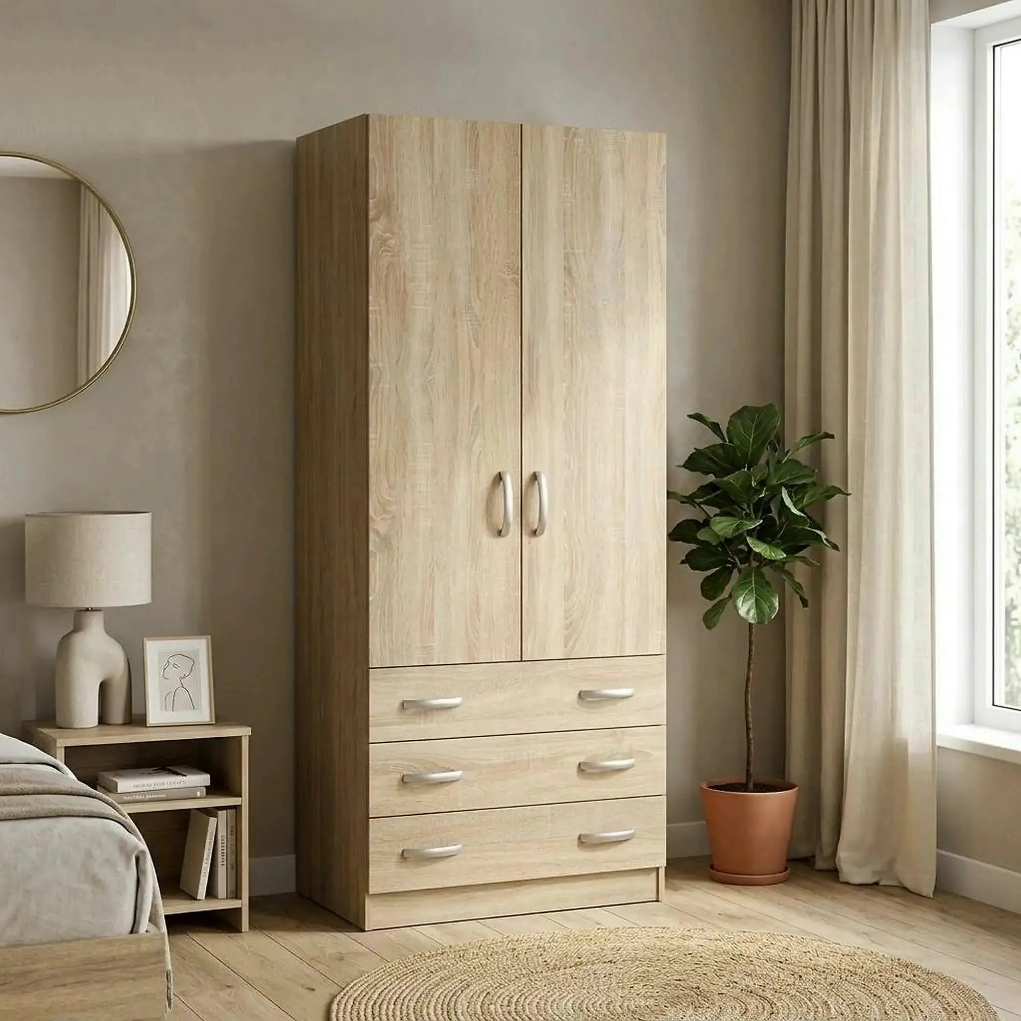 Dulap BETTY 2 BE02-001-00, stejar sonoma, PAL melaminat, cu 2 usi si 3 sertare, 90x57x220 cm