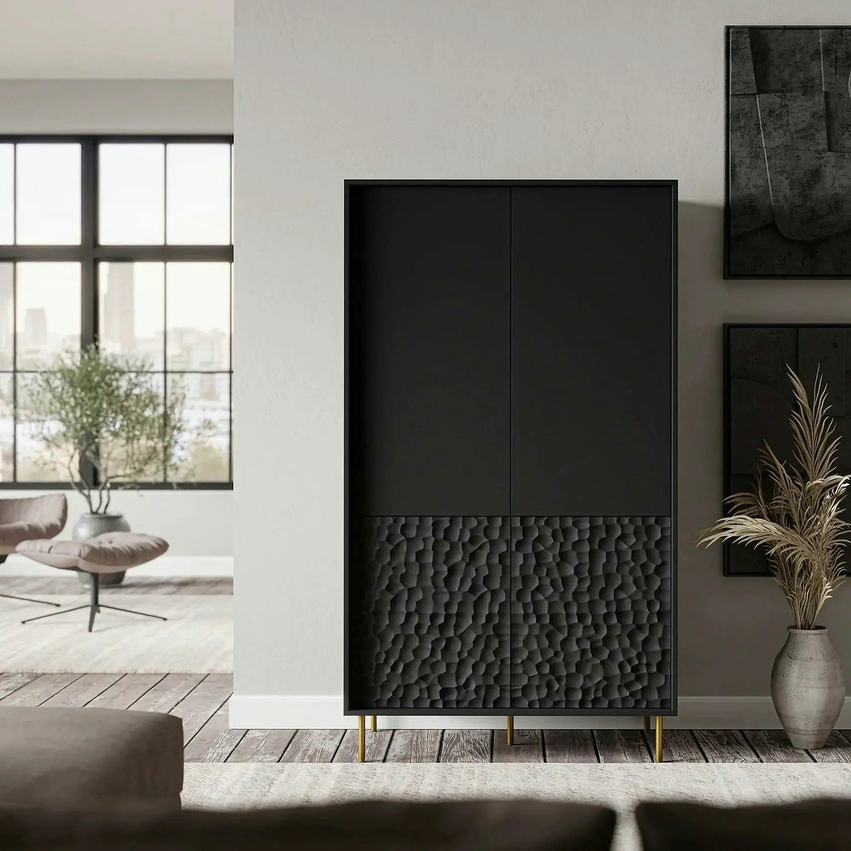 Dulap BULLET S-1, negru/auriu, PAL laminat/metal, cu 4 usi, 90x53x185 cm