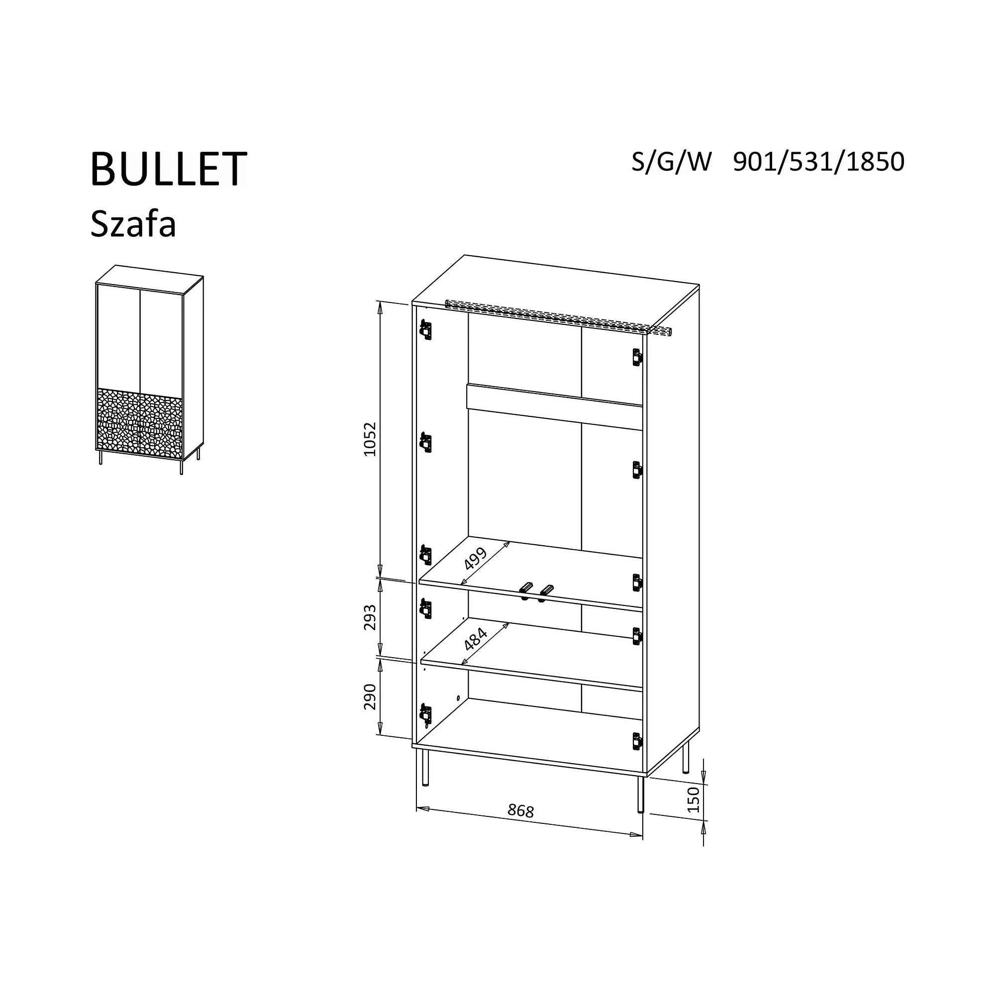 Dulap BULLET S-1, negru/auriu, PAL laminat/metal, cu 4 usi, 90x53x185 cm