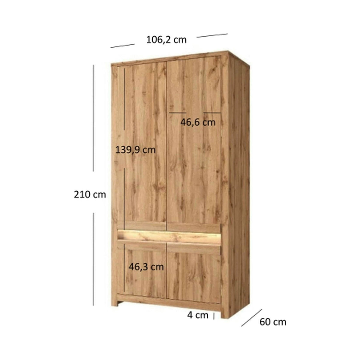 Dulap CLOVER, stejar wotan, PAL laminat, cu 4 usi, 106x60x210 cm