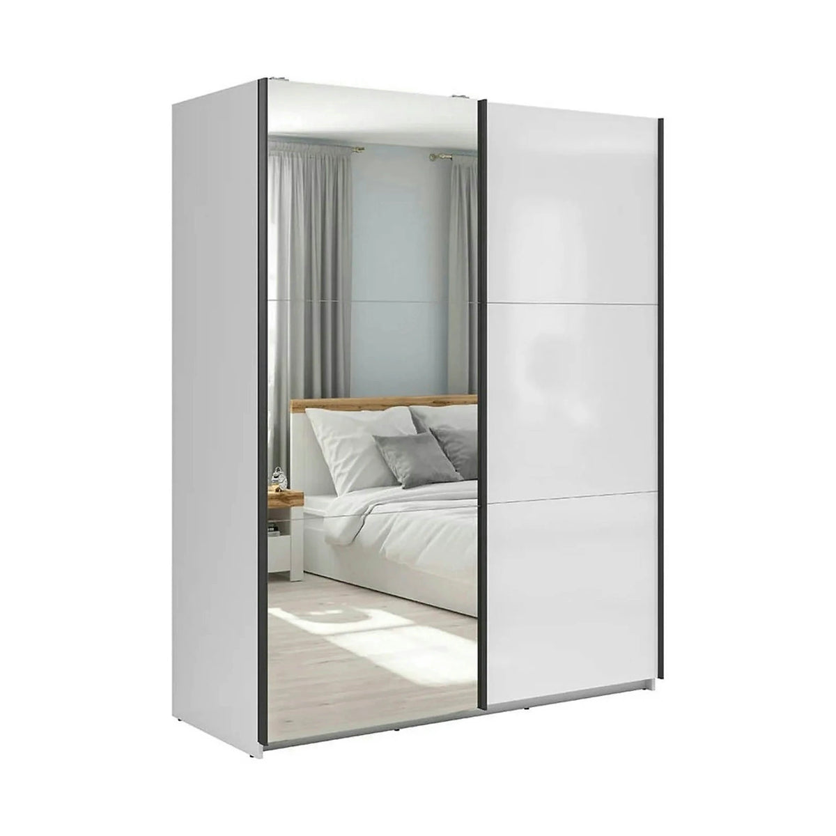 Dulap cu doua usi si oglinda TETRIX, alb lucios, PAL, cu 2 usi si oglinda, 154x60x196 cm