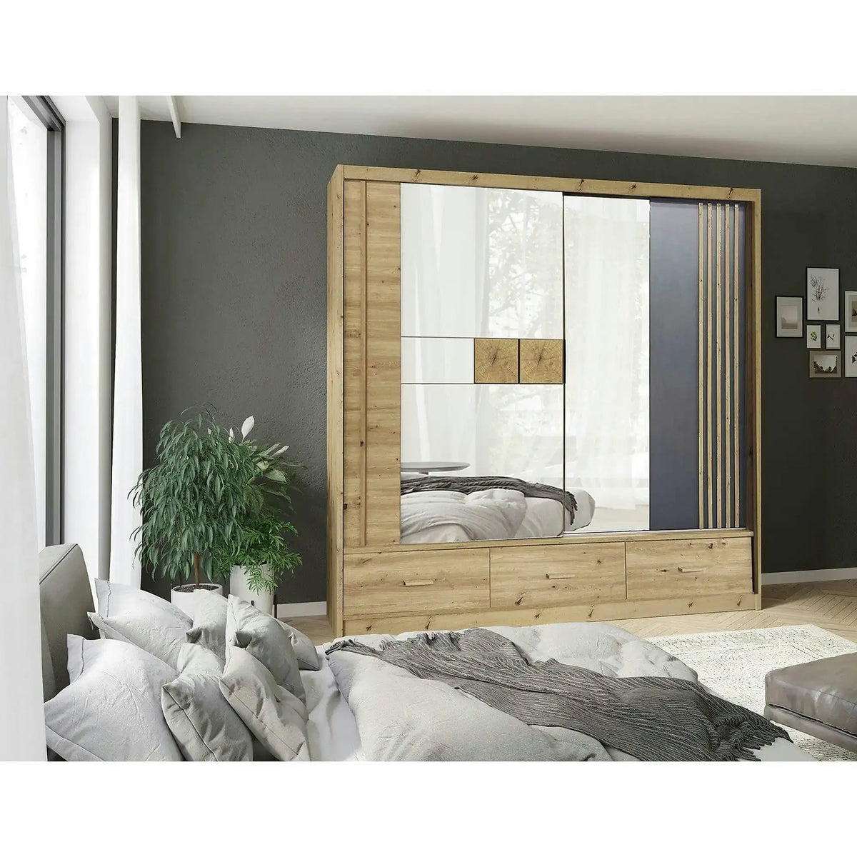 Dulap cu oglinda si sertare CANADA CA2-200, stejar artisan/gri grafit, PAL, cu 2 usi si 3 sertare, 200x60x215 cm