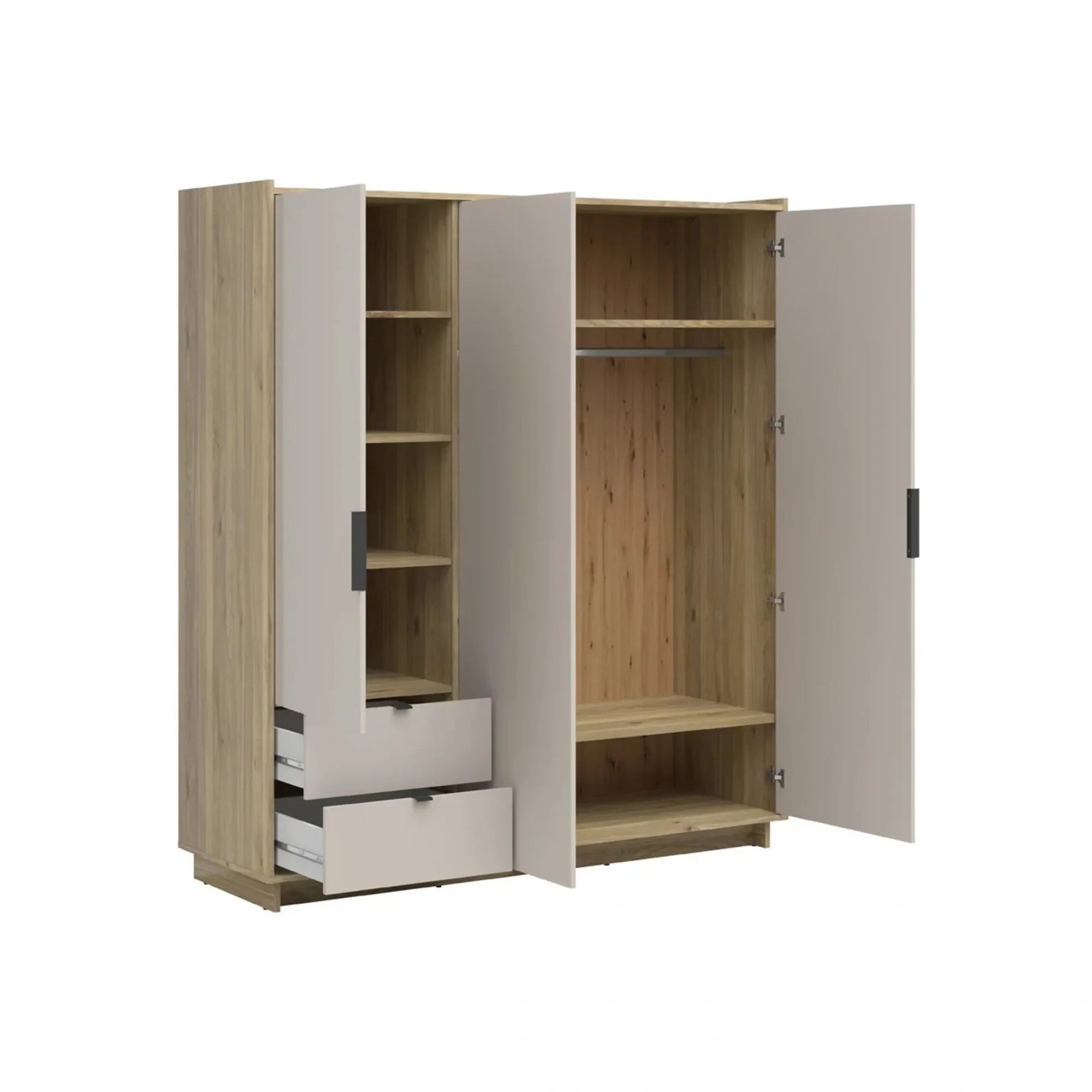Set dormitor DALVA, stejar/casmir, pat 160x200, dulap cu 3 usi si 2 sertare, 2 noptiere si o comoda