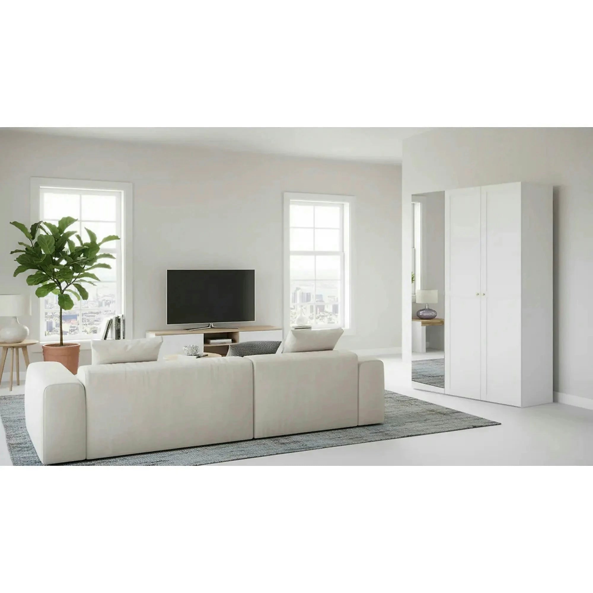 Dulap FLEX, alb/auriu, PAL, cu 3 usi si oglinda, 150x45x240 cm