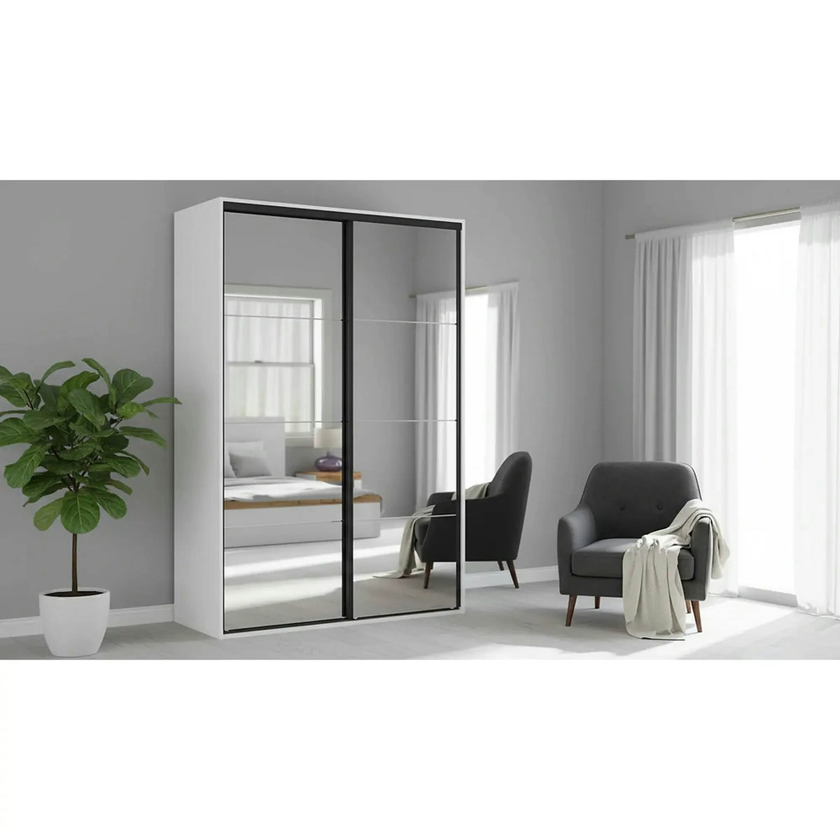 Dulap FLEX, alb, PAL, cu 2 usi si oglinda, 150x66x240 cm