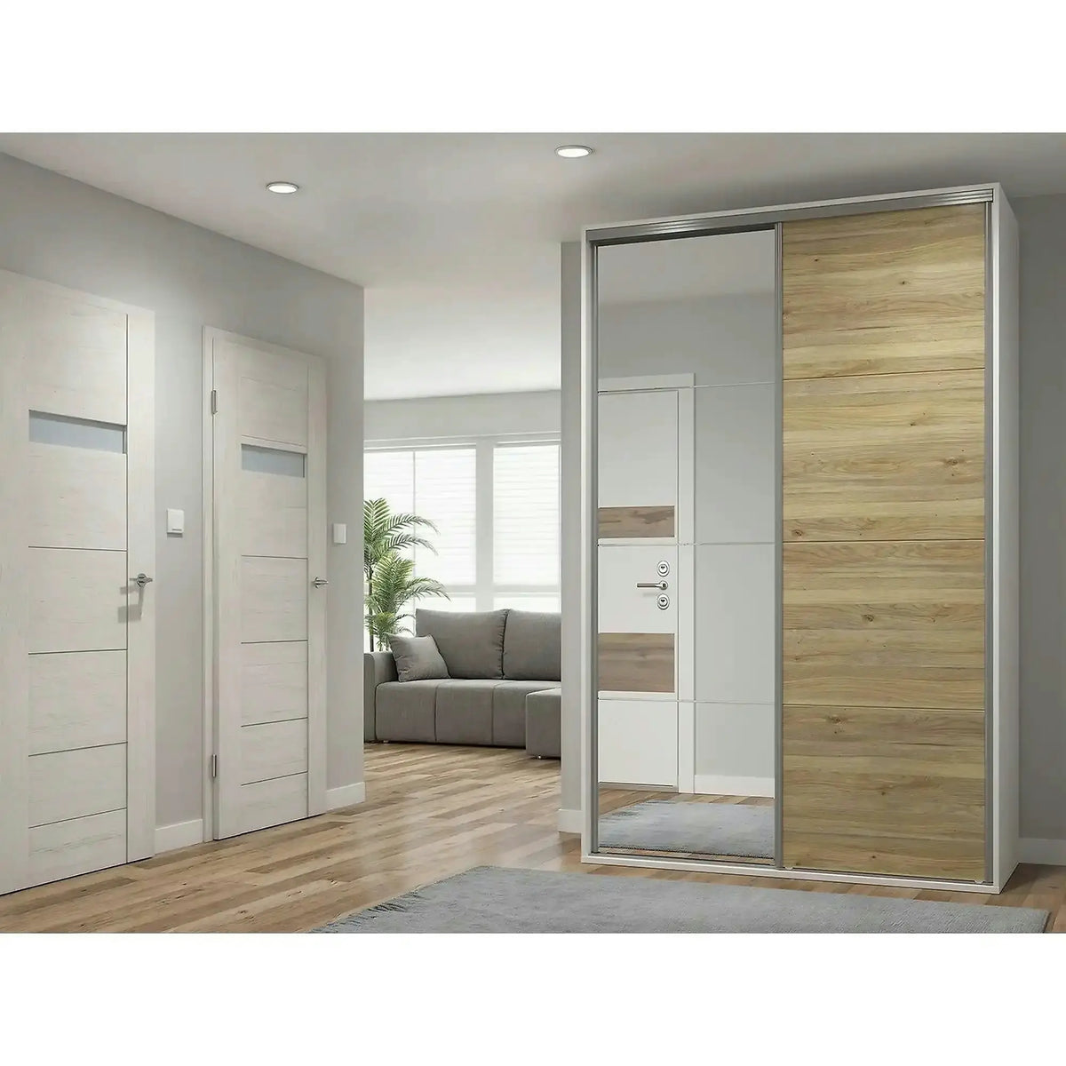 Dulap FLEX, alb/stejar, PAL, cu 2 usi si oglinda, 150x66x240 cm