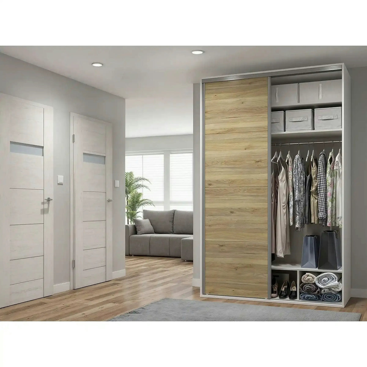 Dulap FLEX, alb/stejar, PAL, cu 2 usi si oglinda, 150x66x240 cm