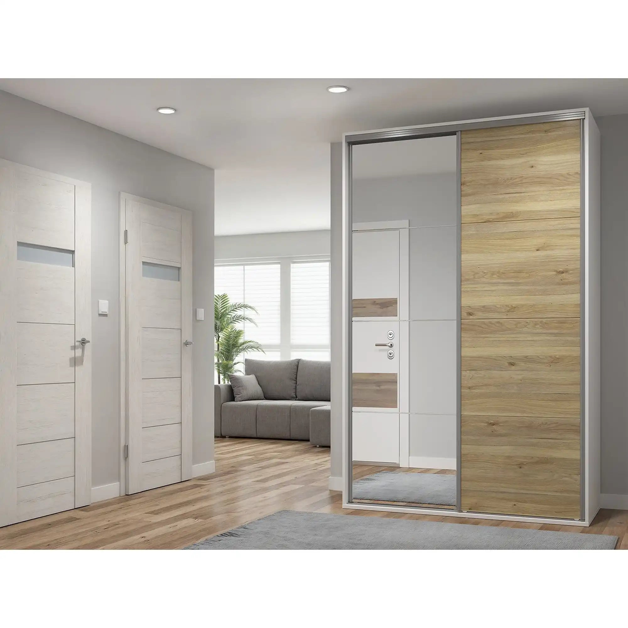 Dulap FLEX, alb/stejar, PAL, cu 2 usi si oglinda, 150x66x240 cm