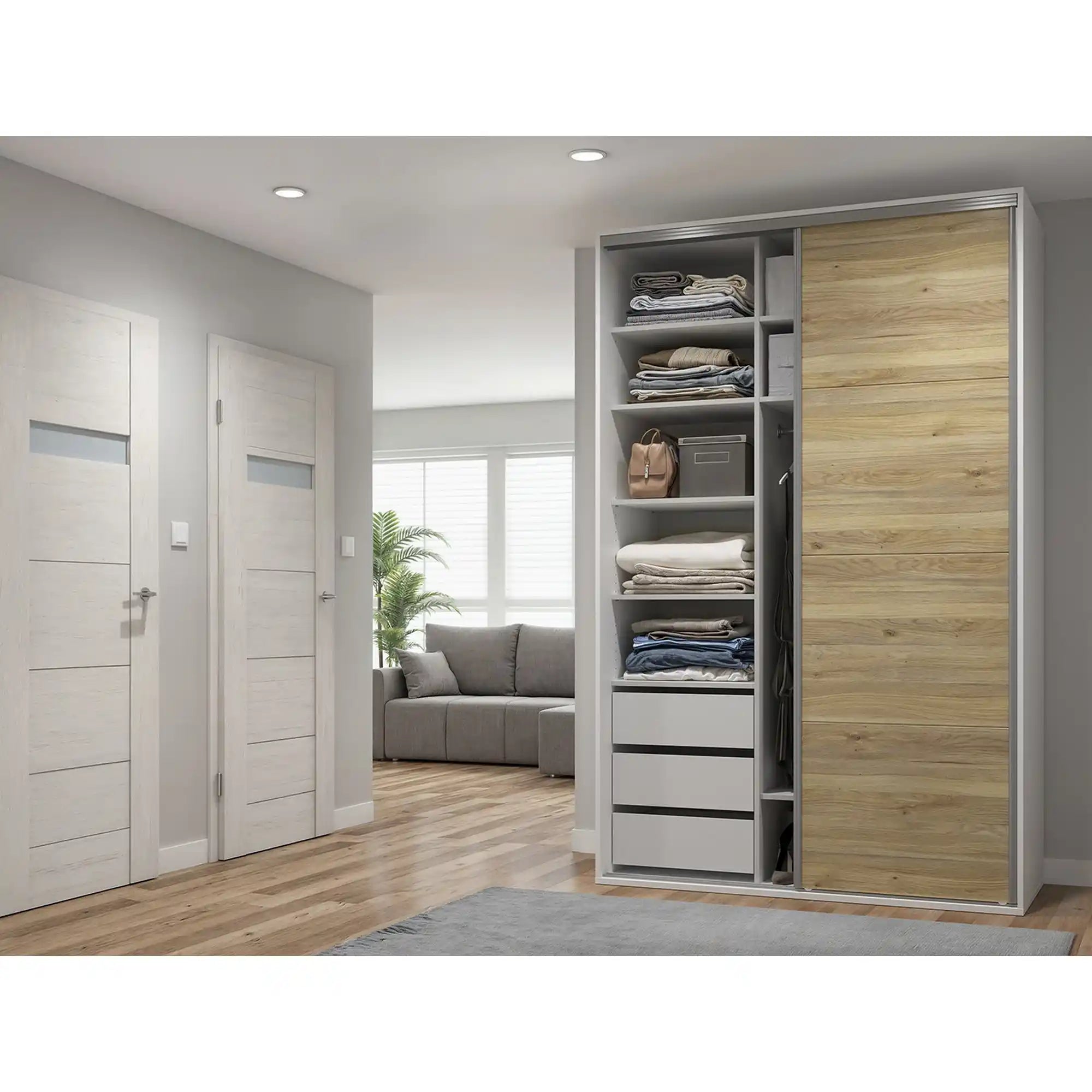 Dulap FLEX, alb/stejar, PAL, cu 2 usi si oglinda, 150x66x240 cm