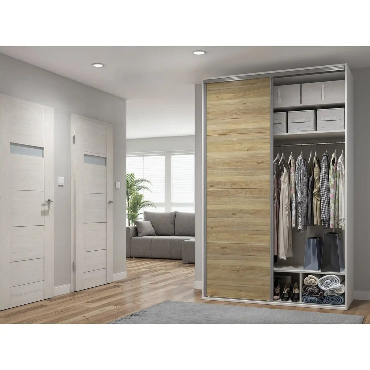 Dulap FLEX, alb/stejar, PAL, cu 2 usi si oglinda, 150x66x240 cm