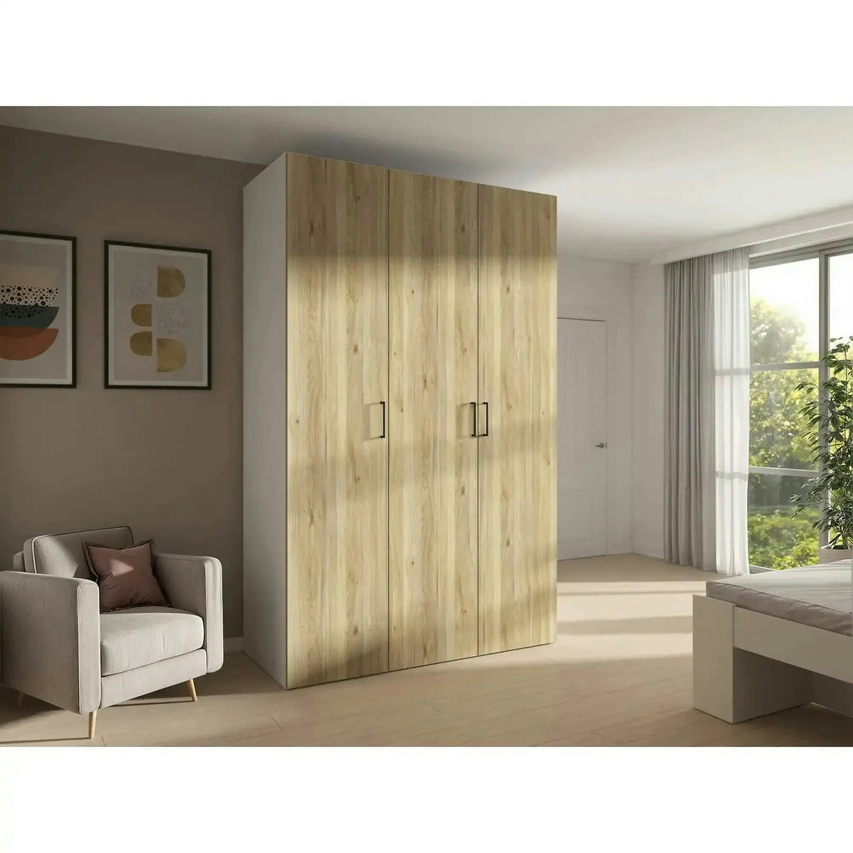 Dulap FLEX, alb/stejar, PAL, cu 3 usi, 150x66x240 cm