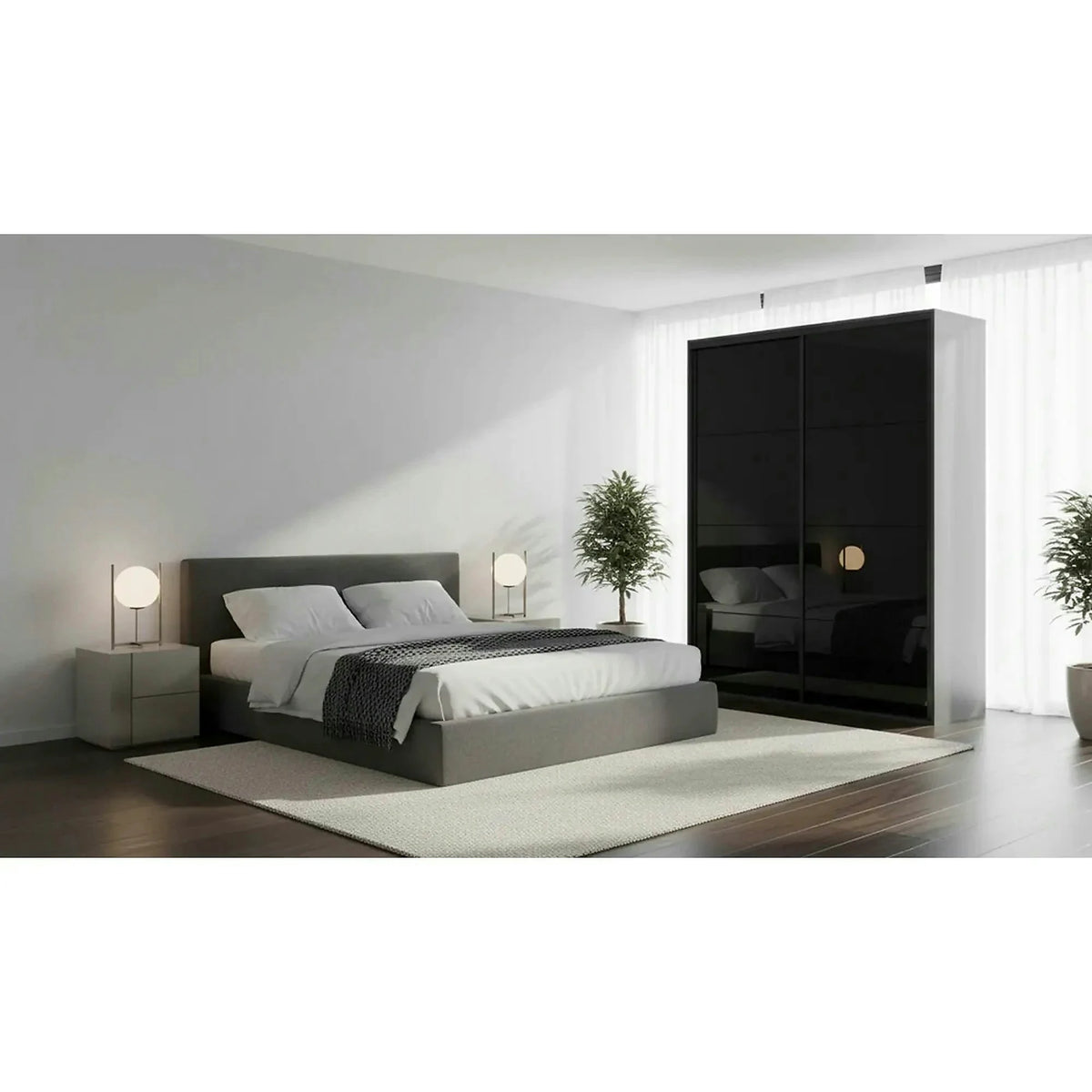 Dulap FLEX, gri grafit/negru lucios, PAL, cu 2 usi, 150x66x240 cm