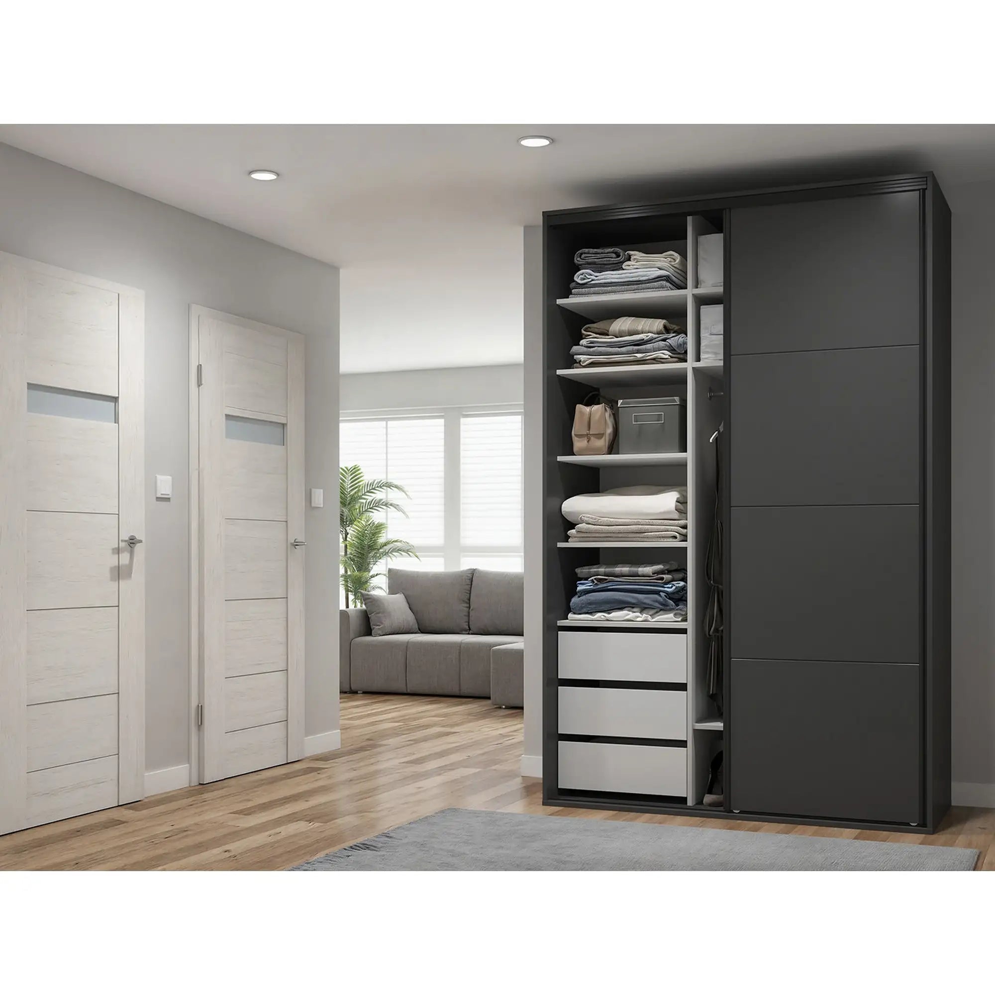 Dulap FLEX, gri grafit, PAL, cu 2 usi, 150x66x240 cm