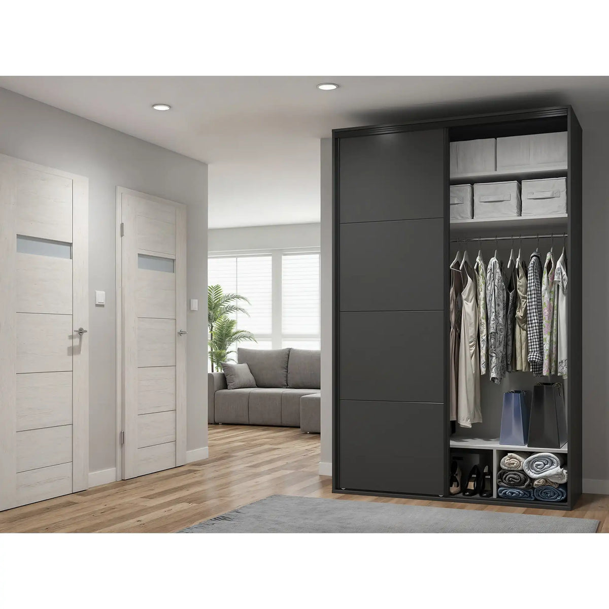 Dulap FLEX, gri grafit, PAL, cu 2 usi si oglinda, 150x66x240 cm