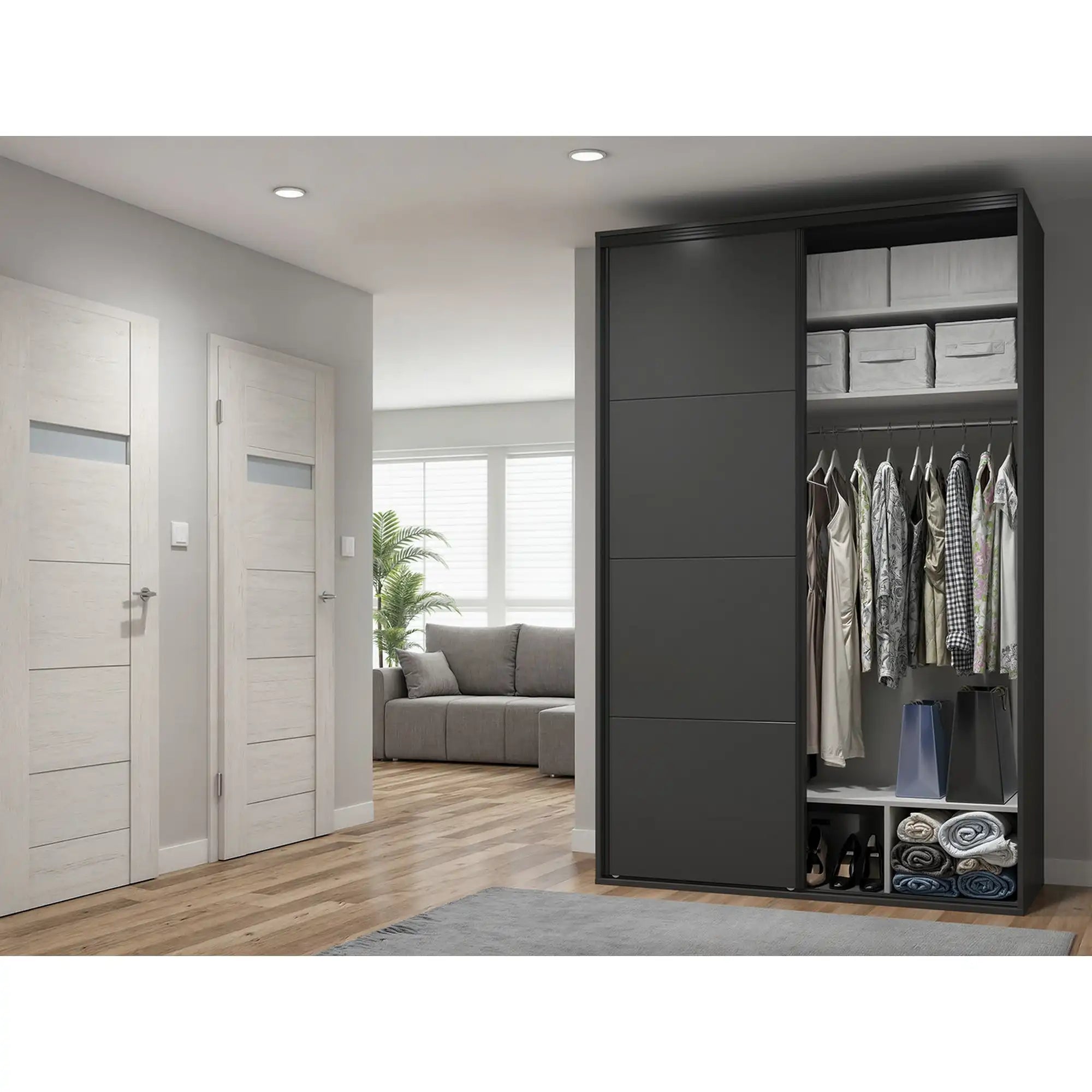 Dulap FLEX, gri grafit, PAL, cu 2 usi si oglinda, 150x66x240 cm