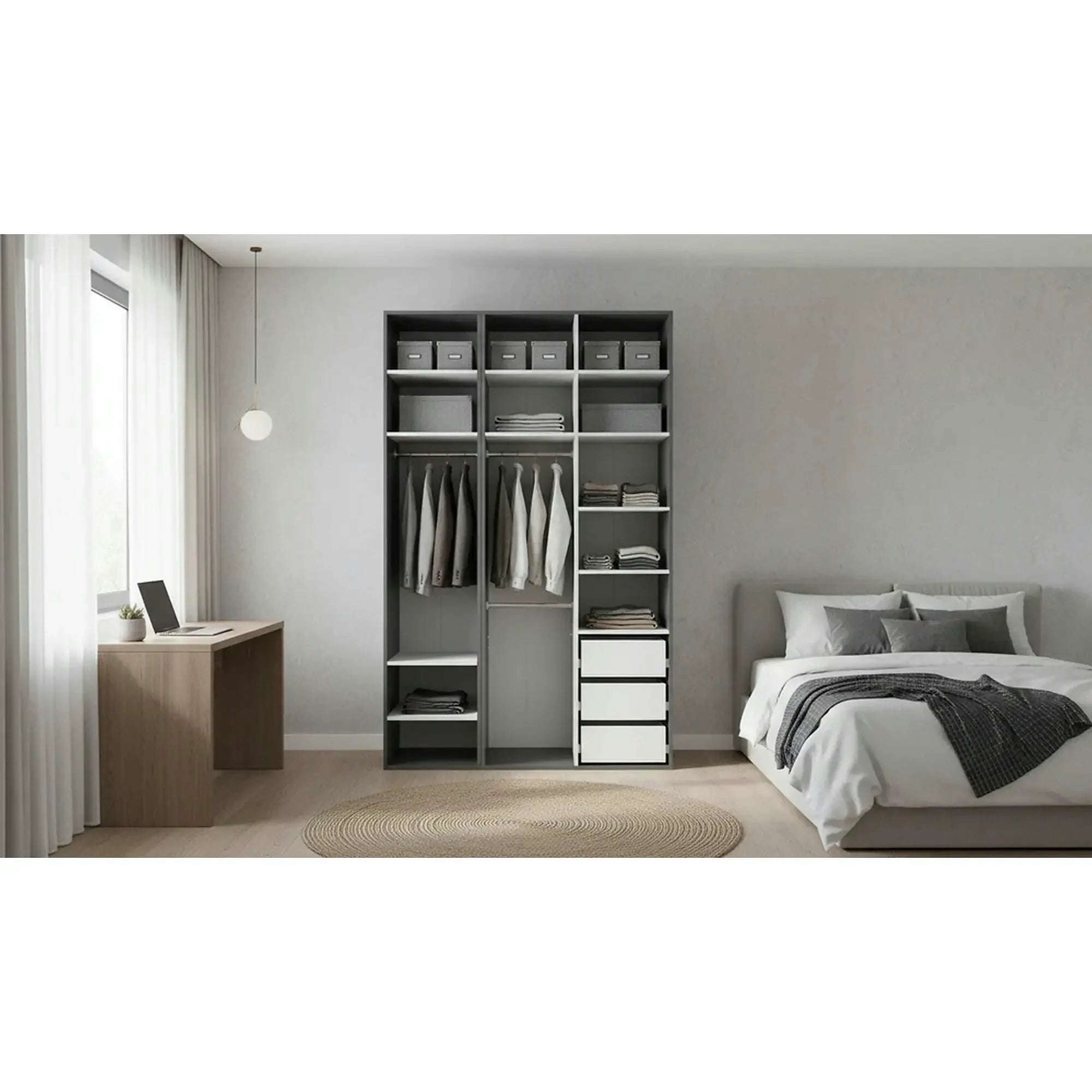 Dulap FLEX, gri grafit, PAL, cu 3 usi si oglinda, 150x66x240 cm