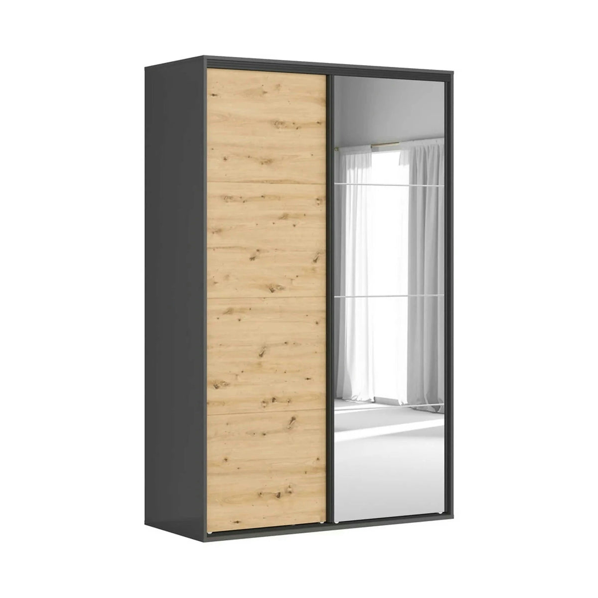 Dulap FLEX, gri grafit/stejar artisan, cu 2 usi si oglinda, 150x66x240 cm