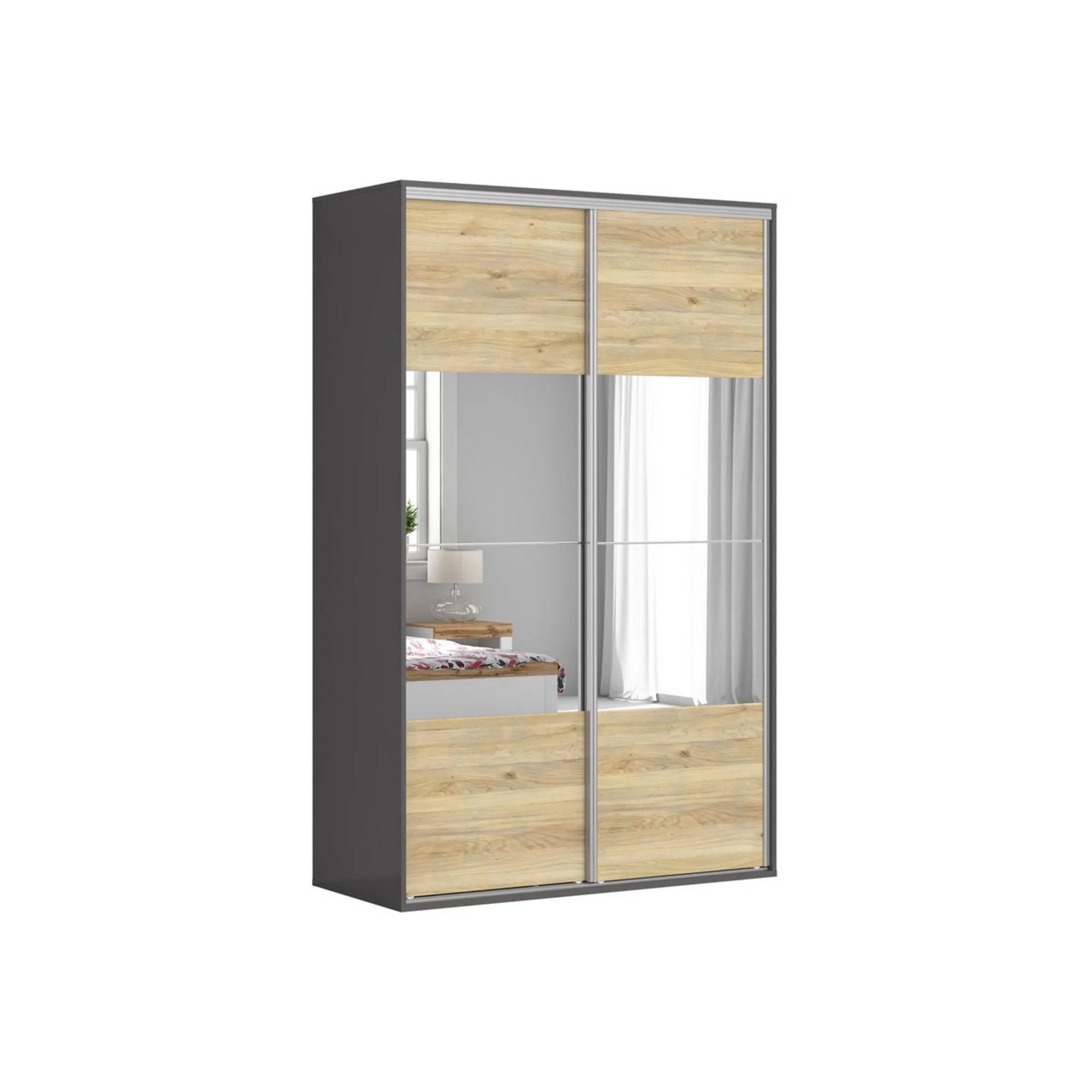 Dulap FLEX, gri grafit/stejar, cu 2 usi si 2 oglinzi, 150x66x240 cm