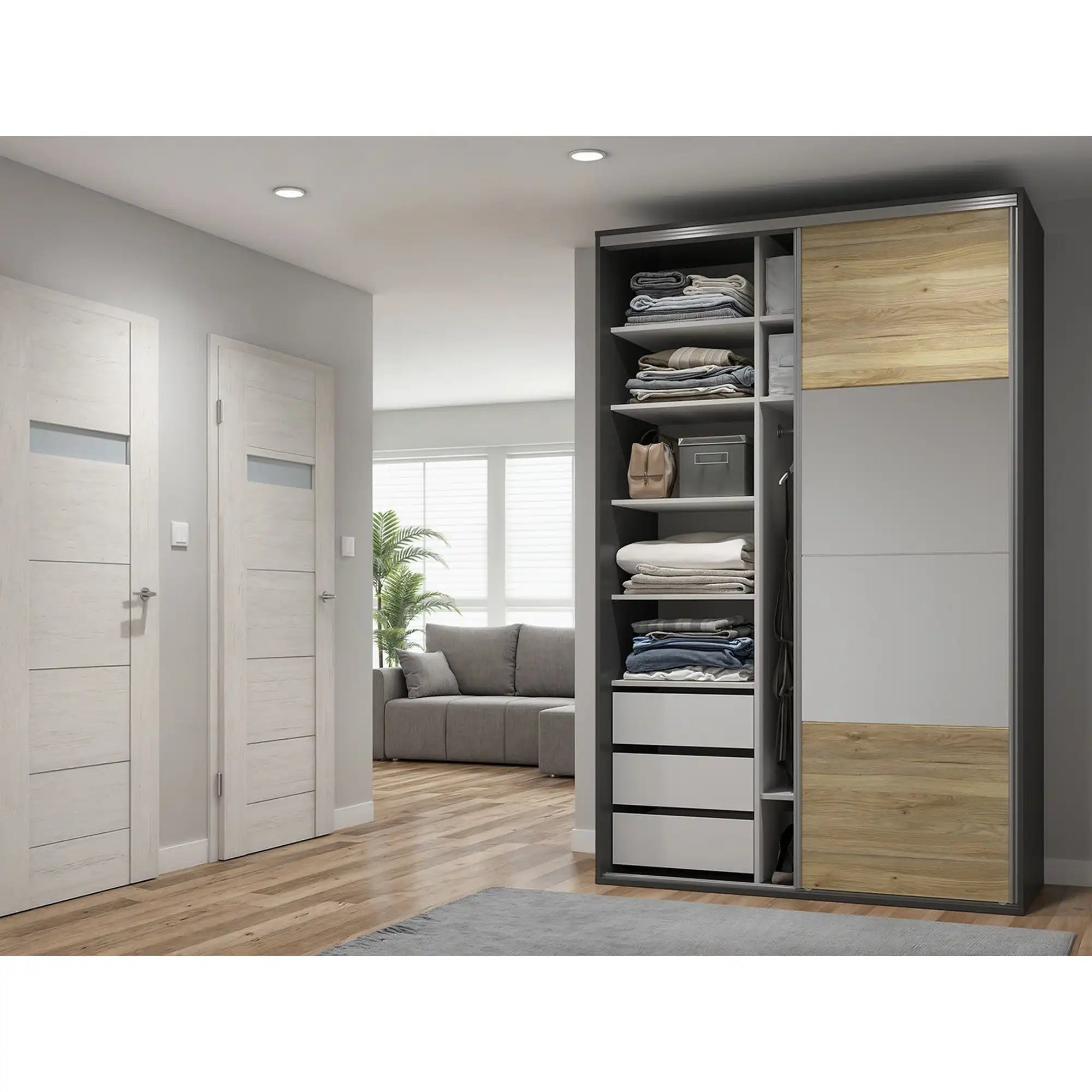 Dulap FLEX, gri grafit/stejar, cu 2 usi si 2 oglinzi, 150x66x240 cm