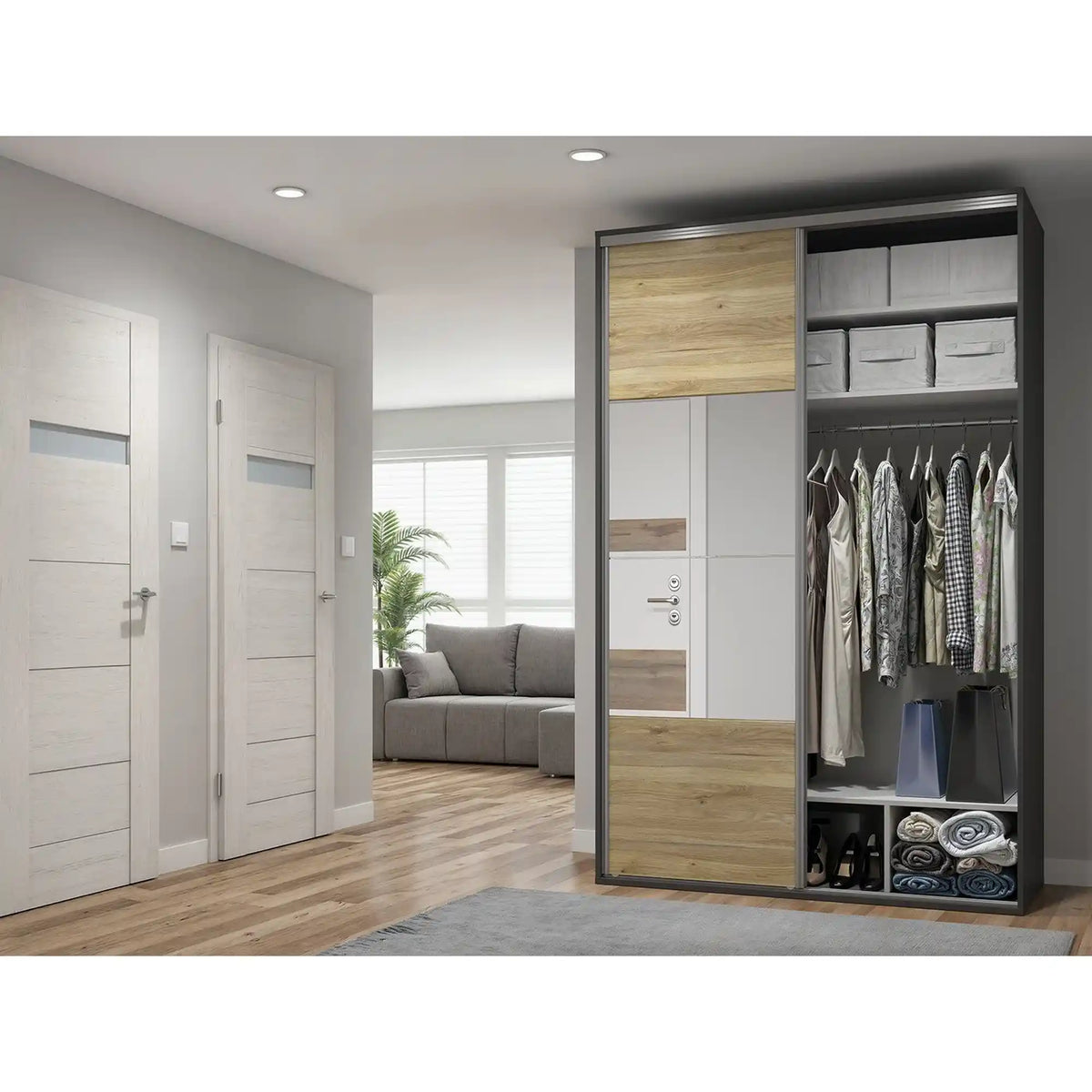 Dulap FLEX, gri grafit/stejar, cu 2 usi si 2 oglinzi, 150x66x240 cm