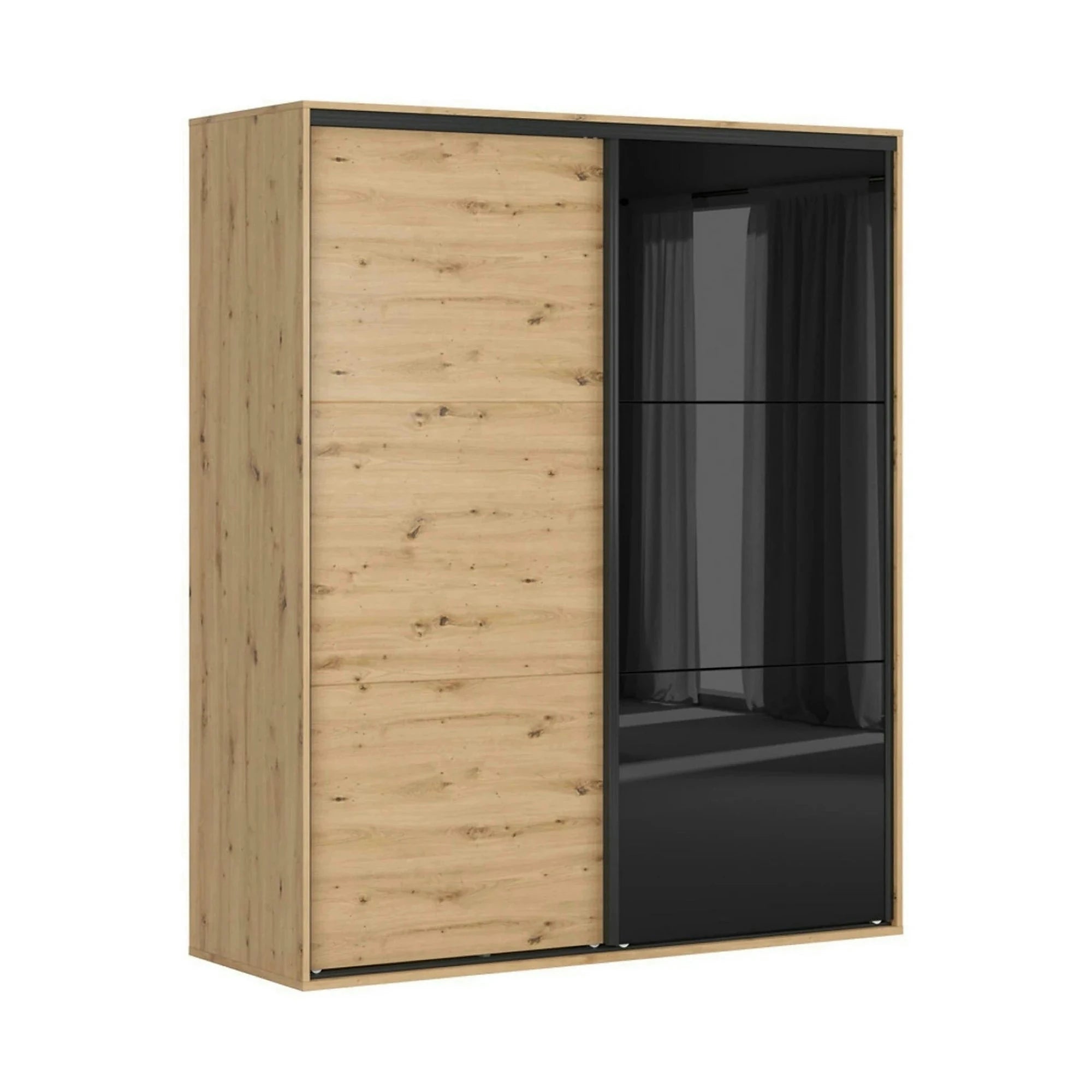 Dulap FLEX, stejar artisan/negru lucios, PAL, cu 2 usi glisante, 180x66x218 cm